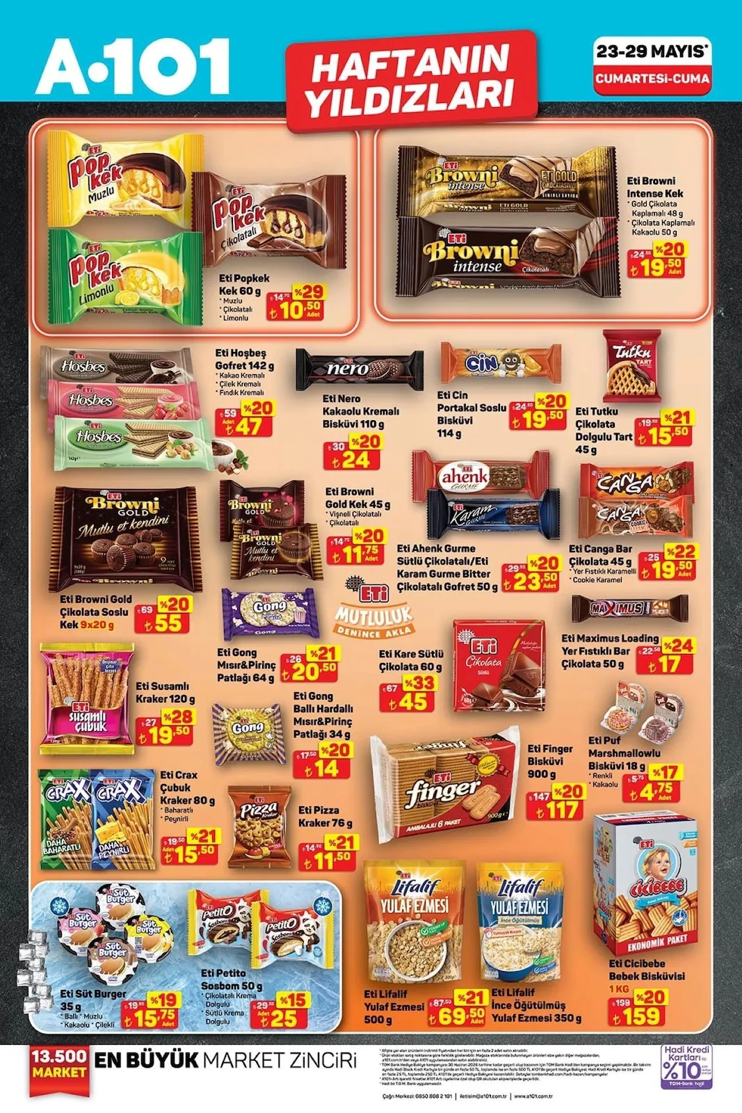 A101 A101 23 Mayıs 2026 Aktüel Kataloğu sayfa 4: Eti Finger Bisküvi 900G, Eti Tutku Çikolata Dolgulu Tart 45G