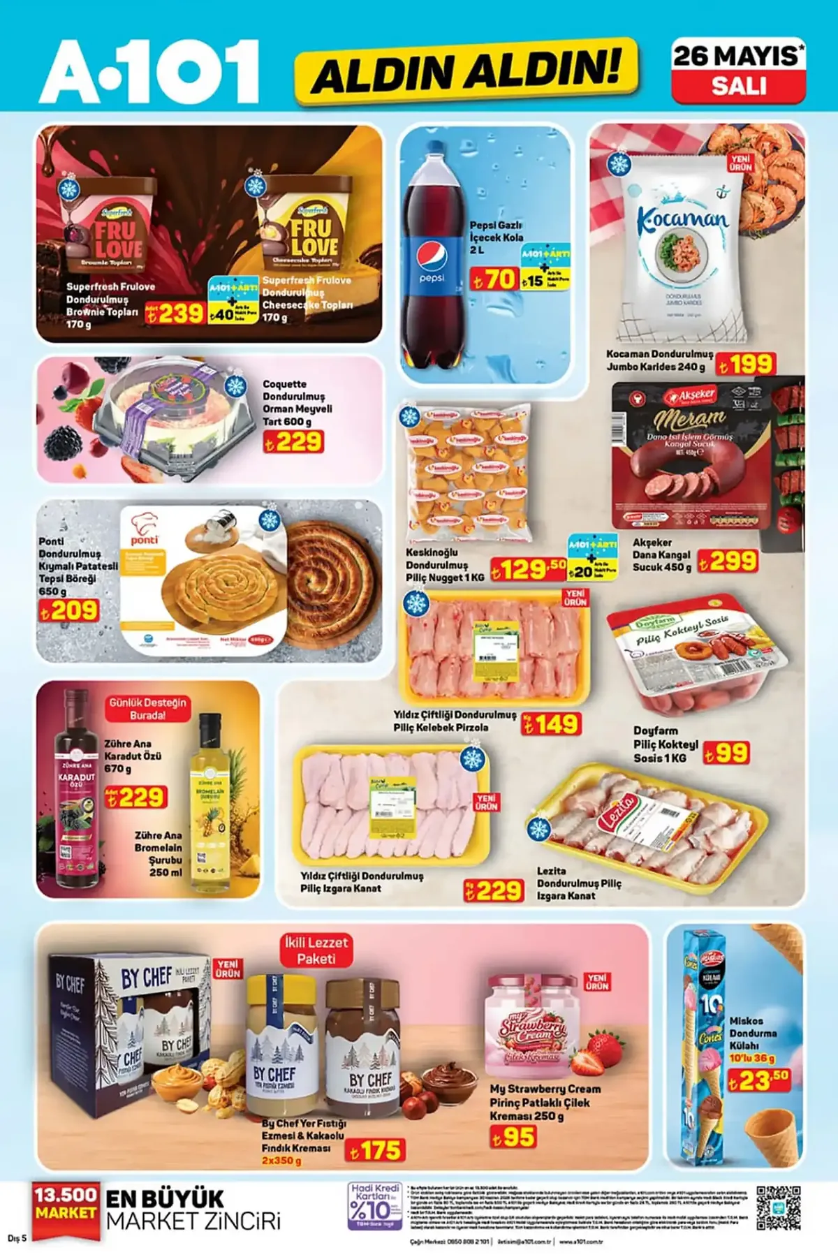 A101 A101 26 Mayıs 2026 Aktüel Ürünler Kataloğu sayfa 10: Keskinoğlu Dondurulmuş Piliç Nugget 1 Kg, Pepsi Gazlı İçecek Kola 2 L