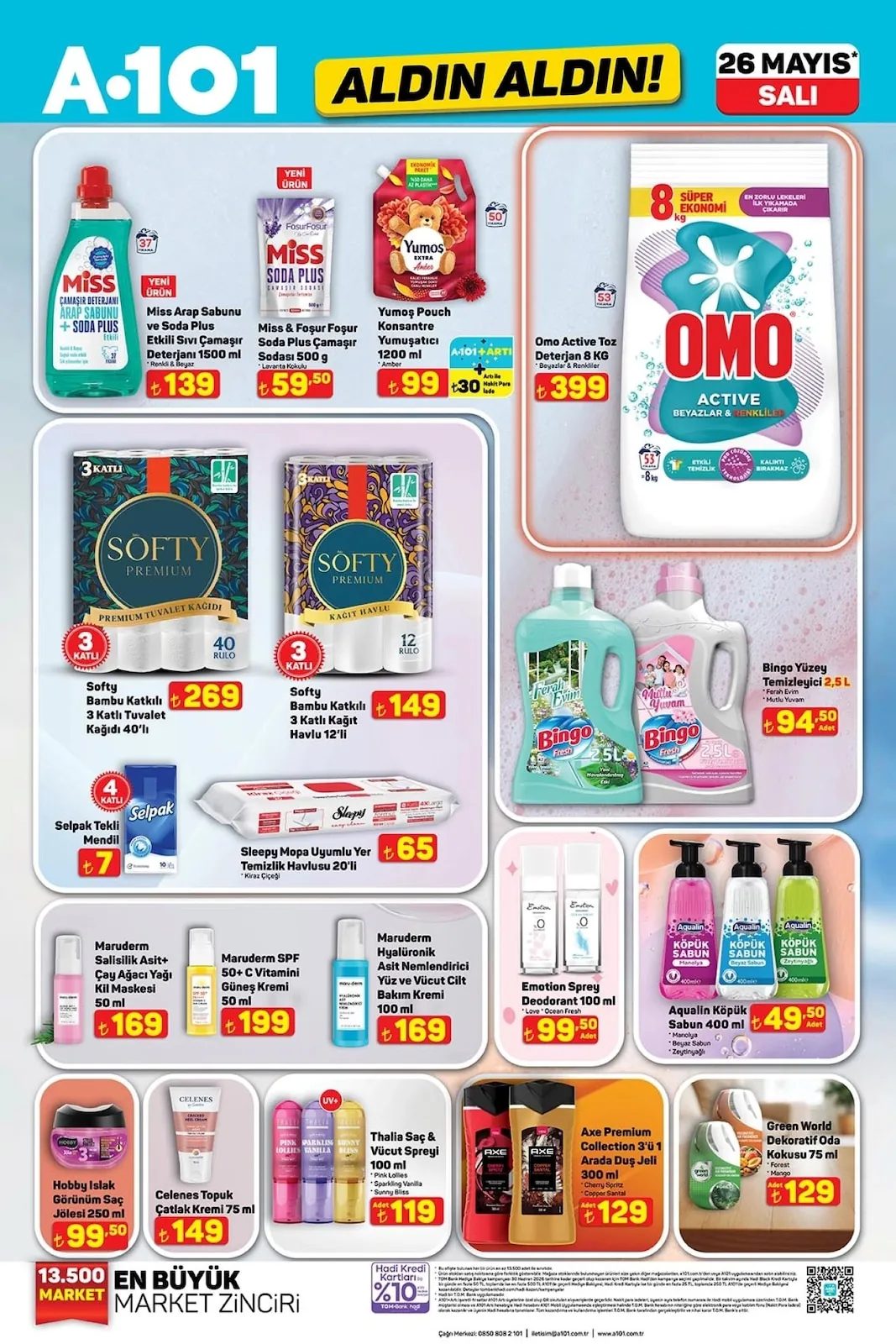 A101 A101 26 Mayıs 2026 Aktüel Kataloğu sayfa 11: Axe Premium Collection 3'Ü 1 Arada Duş Jeli 300 Ml, Softy Bambu Katkılı 3 Katlı Tuvalet Kağıdı 40'Lı