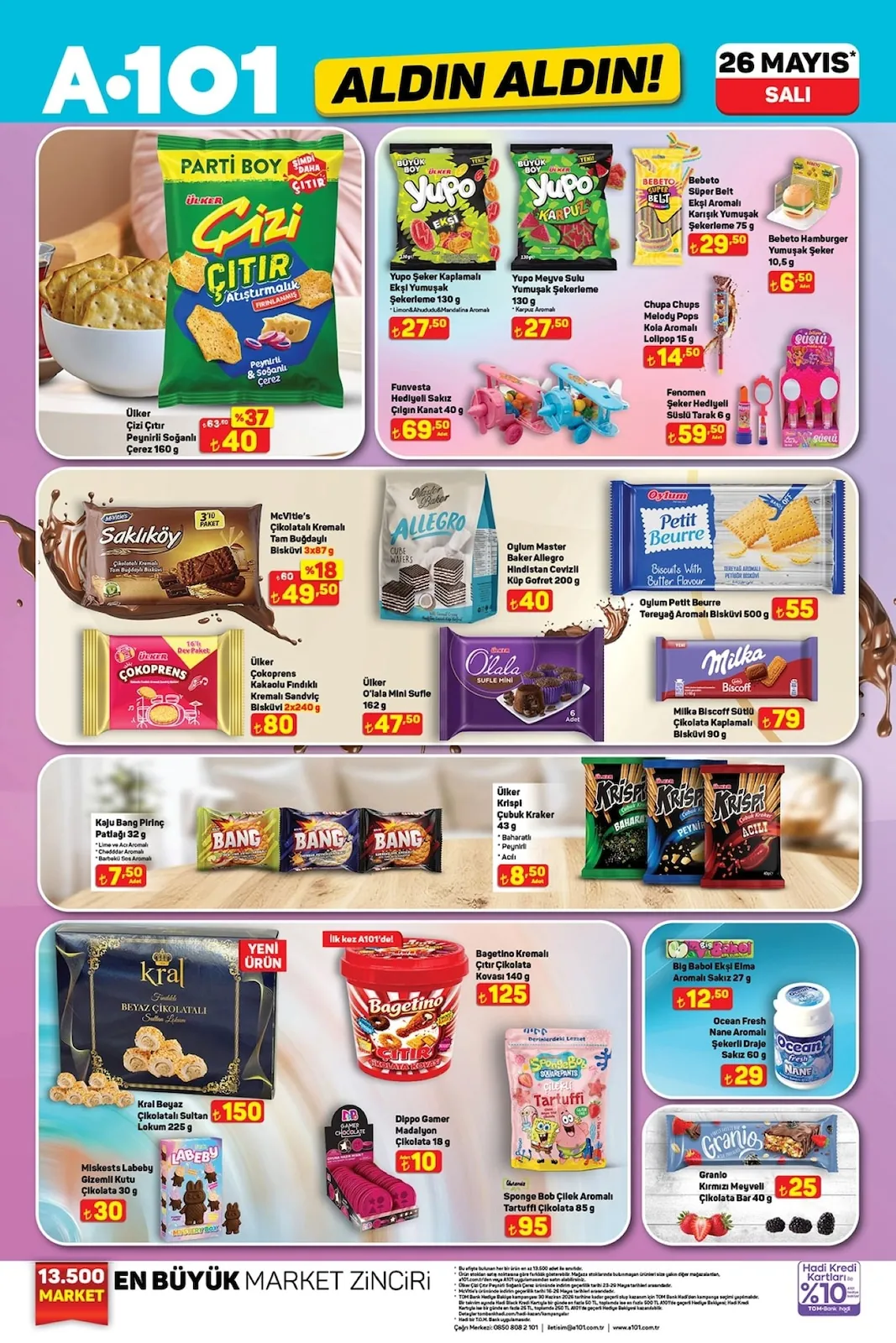 A101 A101 26 Mayıs 2026 Aktüel Kataloğu sayfa 13: Mcvitie'S Saklıköy Çikolatalı Kremalı Tam Buğdaylı Bisküvi 3X87G, Sponge Bob Çilek Aromalı Tartuffi Çikolata 85G
