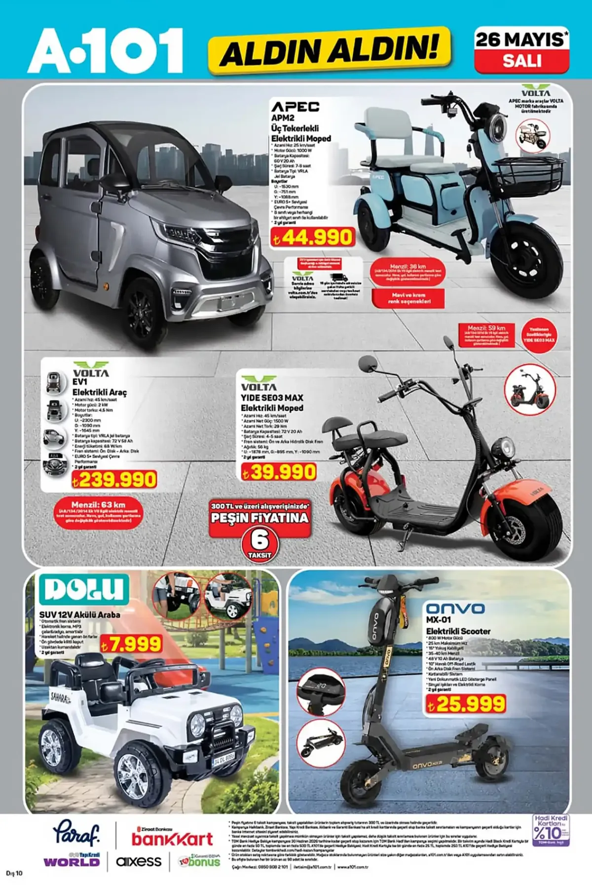 A101 A101 26 Mayıs 2026 Aktüel Ürünler Kataloğu sayfa 3: Dolu S'Uv 12V Akülü Araba, Onvo Mx-01 Elektrikli Scooter