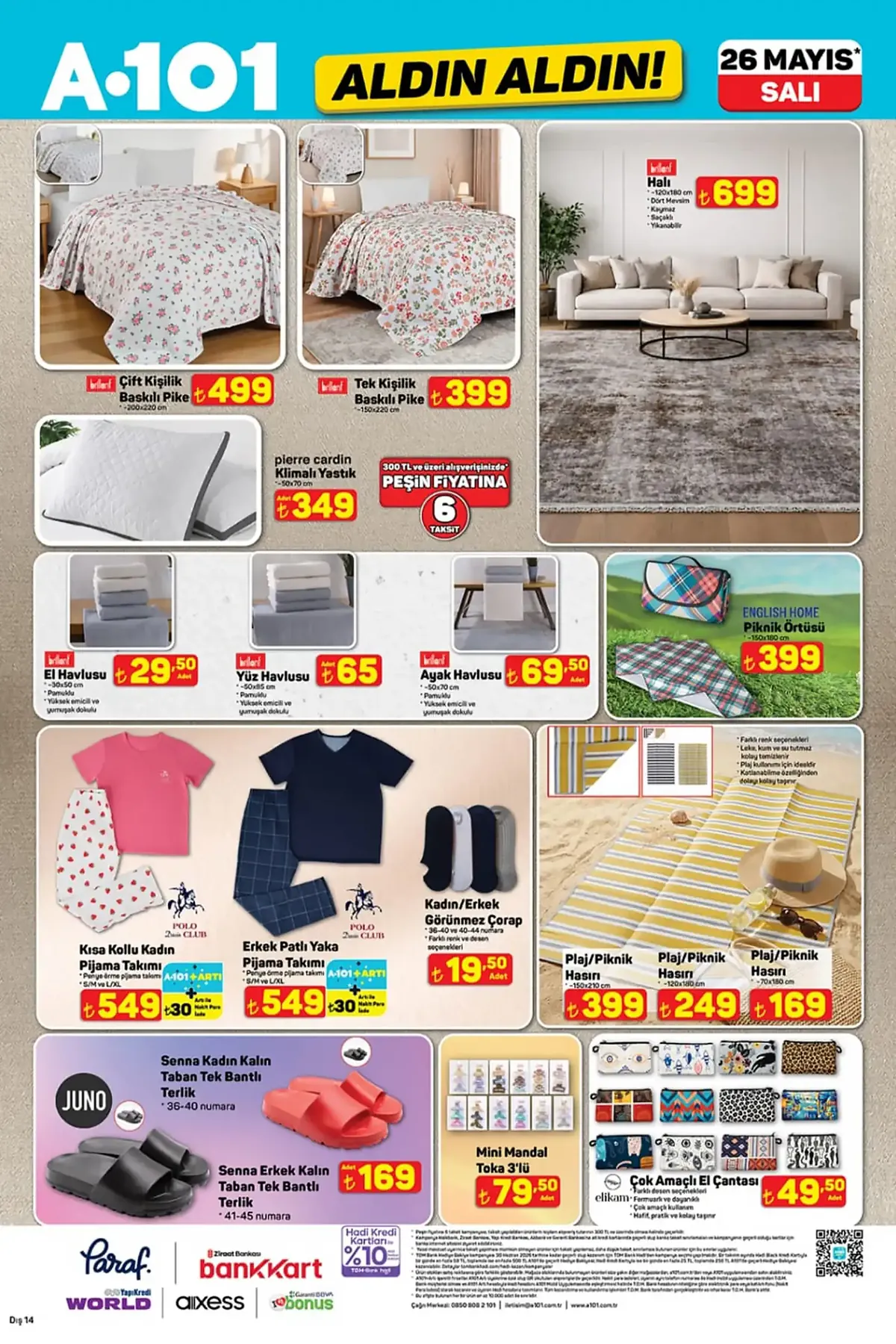 A101 A101 26 Mayıs 2026 Aktüel Ürünler Kataloğu sayfa 5: Tek Kişilik Baskılı Pike 150X220 Cm, Kısa Kollu Kadın Pijama Takımı S/M Ve L/Xl