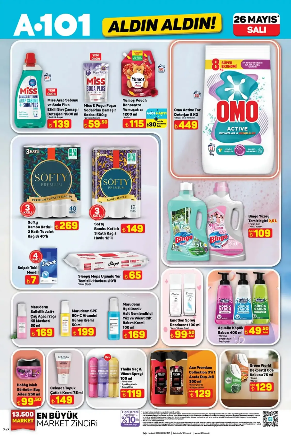 A101 A101 26 Mayıs 2026 Aktüel Ürünler Kataloğu sayfa 8: Axe Premium Collection 3'Ü 1 Arada Duş Jeli 300 Ml, Softy Bambu Katkılı 3 Katlı Tuvalet Kağıdı 40'Lı