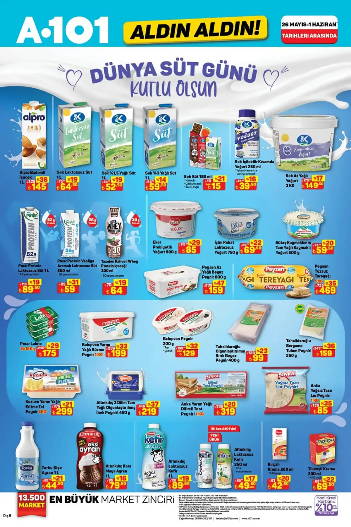 A101 A101 26 Mayıs 2026 Aktüel Ürünler Kataloğu sayfa 9: Kuzucu Yarım Yağlı Eritme Tel Peynir 1Kg, Tahsildaroğlu Olgunlaştırılmış Kırk Beyaz Peynir 400G