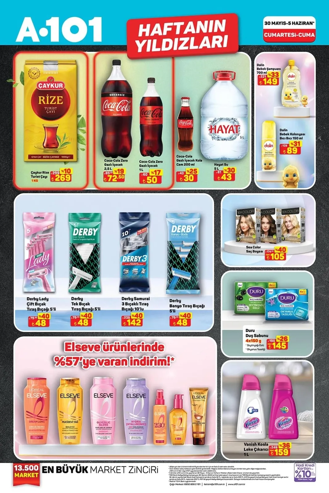A101 A101 30 Mayıs 2026 Aktüel Kataloğu sayfa 2: Duru Duş Sabunu 4X150G Zeytinyağlı Özlü Ve Okyanus Tazeliği, Hayat Su 5L