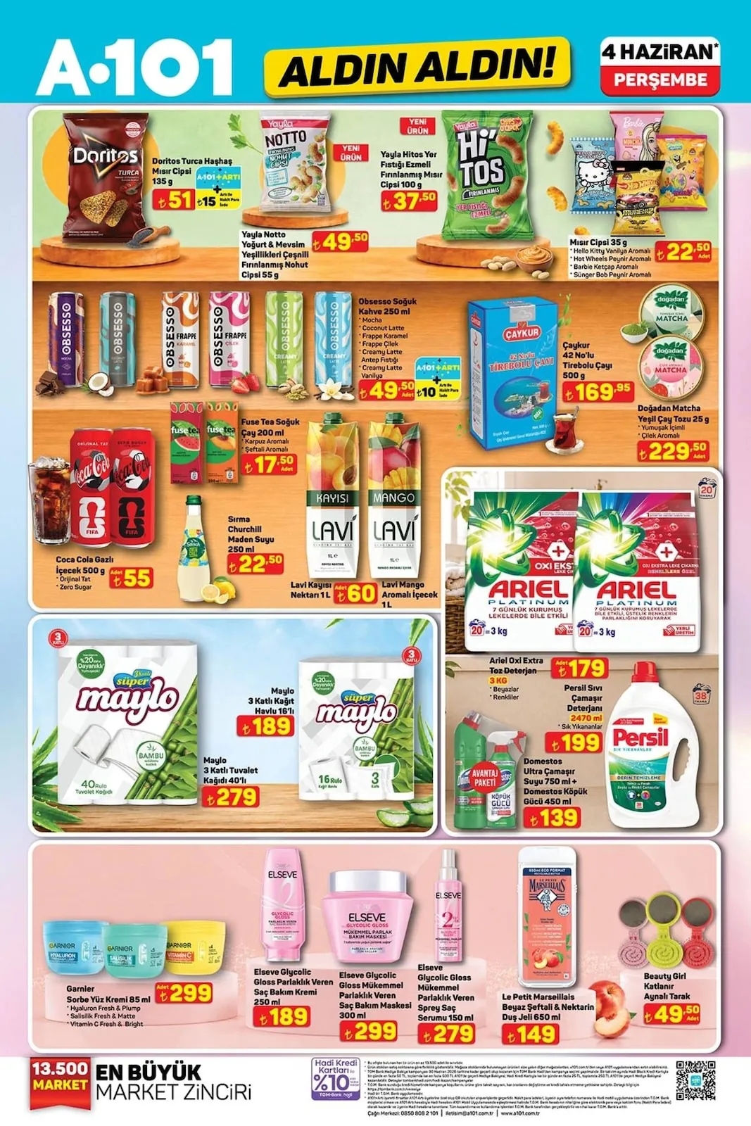 A101 A101 4 Haziran 2026 Aktüel Kataloğu sayfa 11: Ariel Platinum Oxi Extra Toz Deterjan 3 Kg, Yayala Notto Yoğurt & Mevsim Yeşillikleri Çeşnili Fırınlanmış Nohut Cipsi 55G