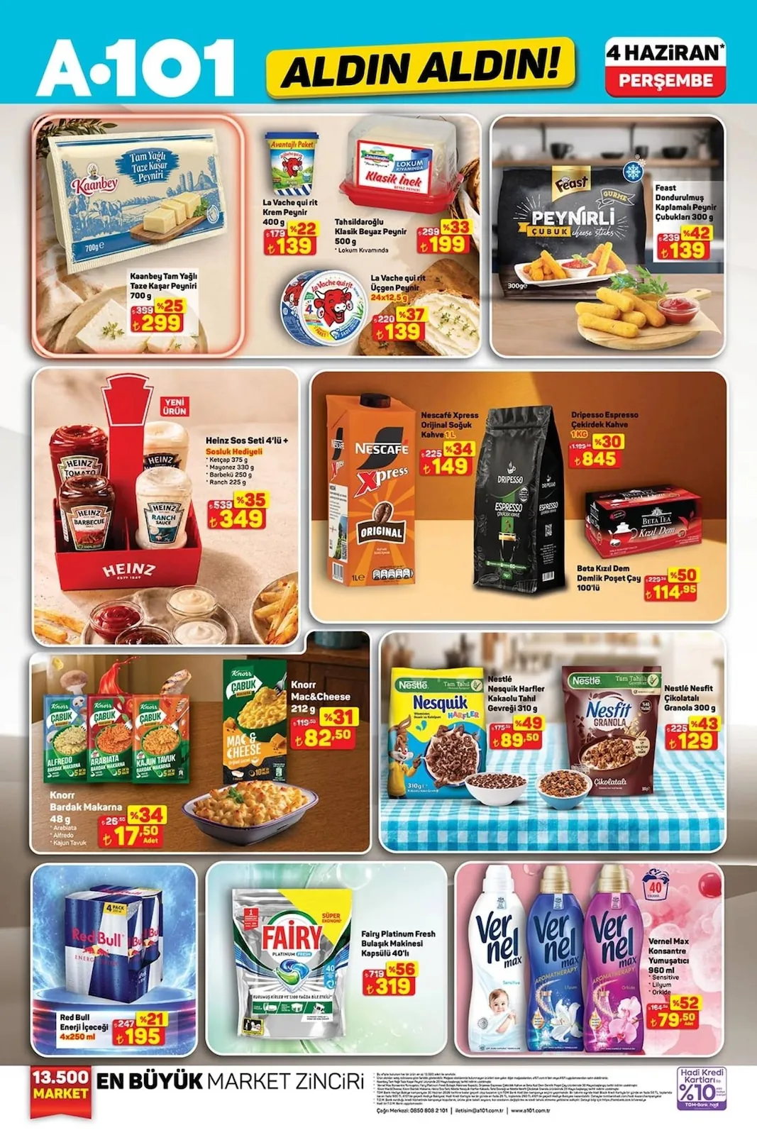 A101 A101 4 Haziran 2026 Aktüel Kataloğu sayfa 12: Heinz Sos Seti 4Lü+ Sosluk Hediyeli Ketçap 375 G, Mayonez 330 G, Barbekü 250 G, Ranch 225 G, Tahsidaroğlu Klasik Beyaz Peynir 500 G