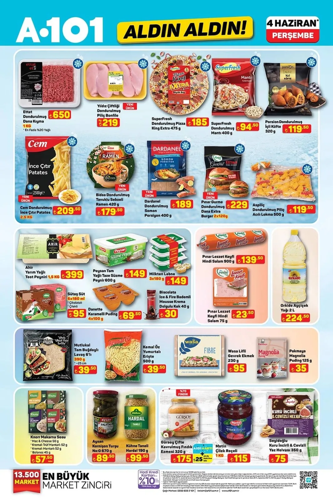 A101 A101 4 Haziran 2026 Aktüel Kataloğu sayfa 13: Dardanel Dondurulmuş Somon Porsiyon 400 G, Peysan Tam Yağlı Taze Süzme Peynir 600 G