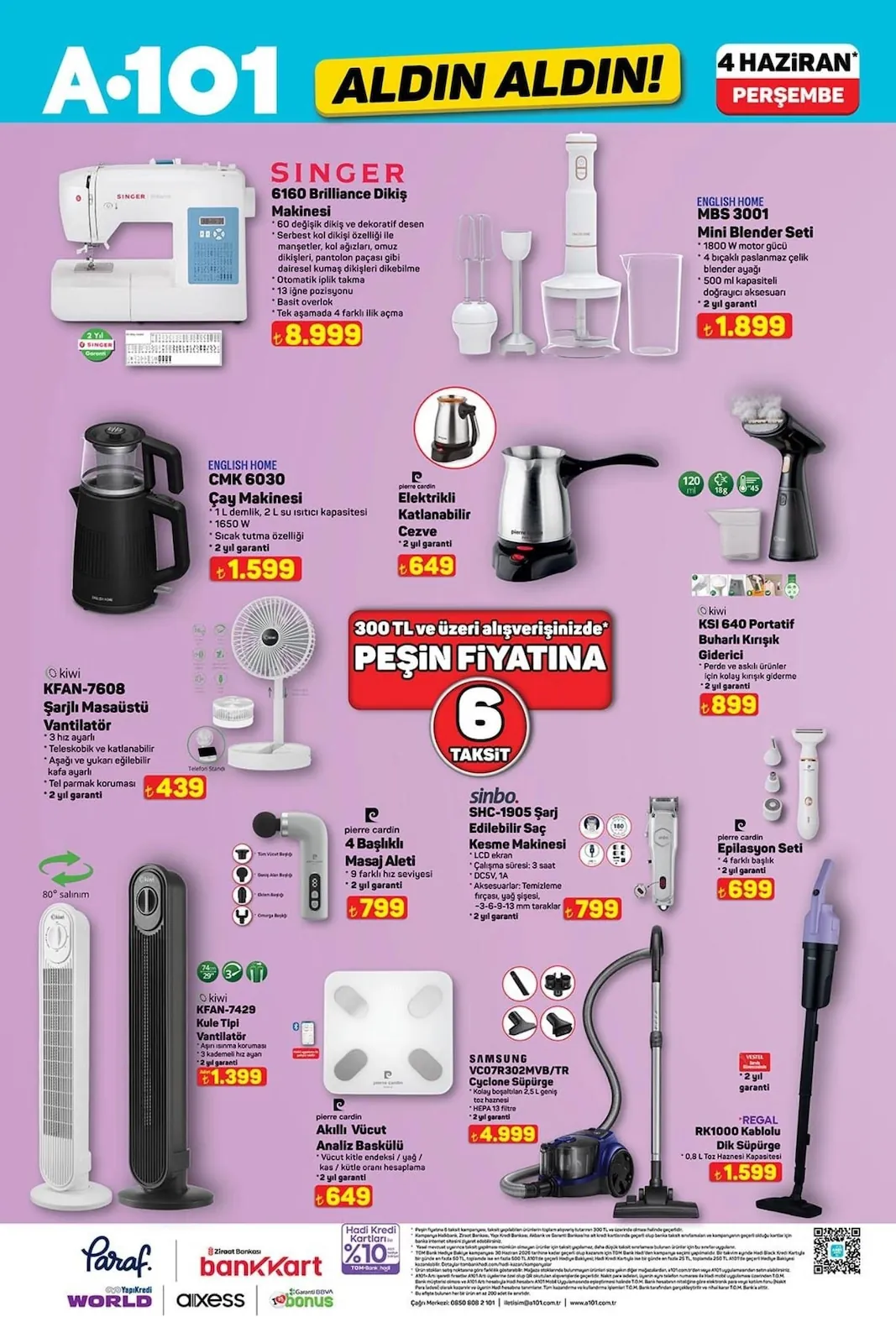 A101 A101 4 Haziran 2026 Aktüel Kataloğu sayfa 3: Samsung Vc07R302Mvb/Tr Cyclone Süpürge, Pierre Cardin Elektrikli Katlanabilir Cezve