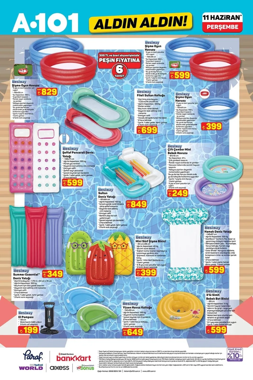 A101 A101 11 Haziran 2026 Aktüel Kataloğu sayfa 10: Bestway Mini Sörf Şişme Binici 1 Adet, Bestway Summer Essential Deniz Yatağı 1 Adet