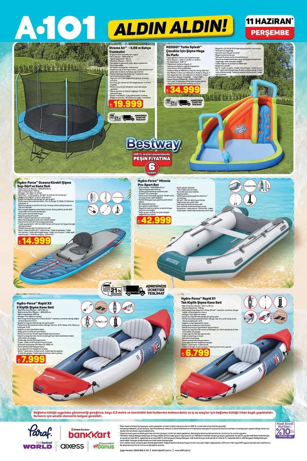 A101 A101 11 Haziran 2026 Aktüel Kataloğu sayfa 11: Xtreme Air -3,66 M Bahçe Trambolini, H2Ogo! Turbo Splash Çocuklar İçin Şişme Mega Su Parkı