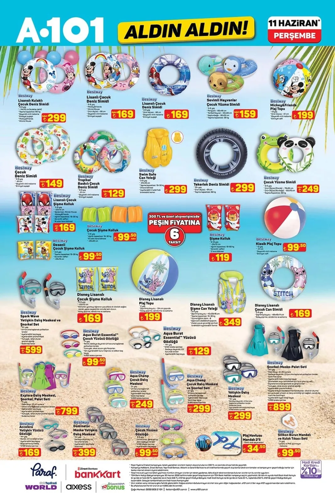 A101 A101 11 Haziran 2026 Aktüel Kataloğu sayfa 9: Disney Lisanslı Şişme Can Yeleği 3-6 Yaş, Bestway Spark Wave Yetişkin Dalış Maskesi Ve Snorkel Seti 14+ Yaş