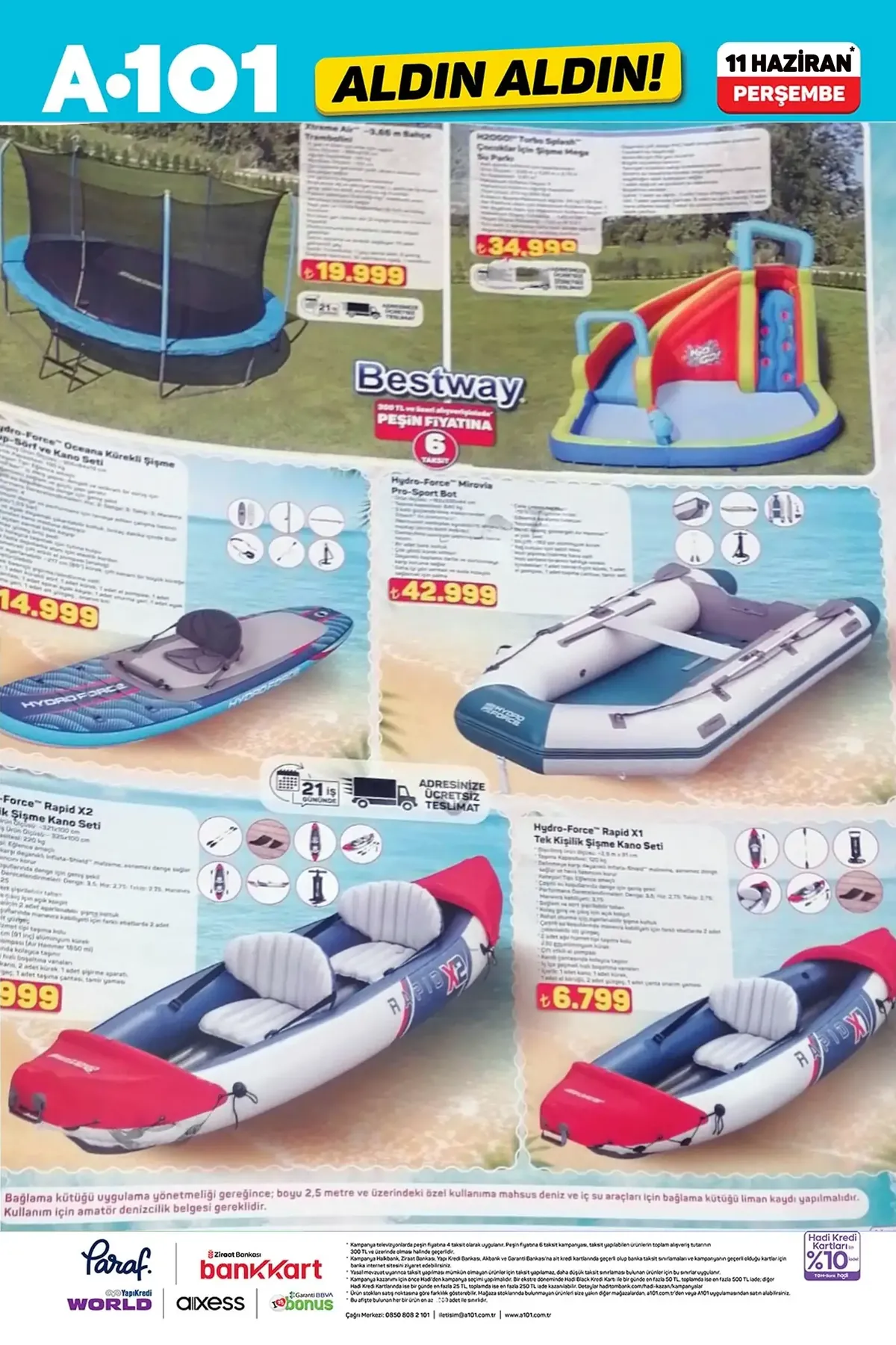 A101 A101 11 Haziran 2026 Aktüel Ürünler Kataloğu sayfa 6: Bestway Xtreme Air Trambolin 3.66M, Hydro-Force Rapid X2 Tekne Seti