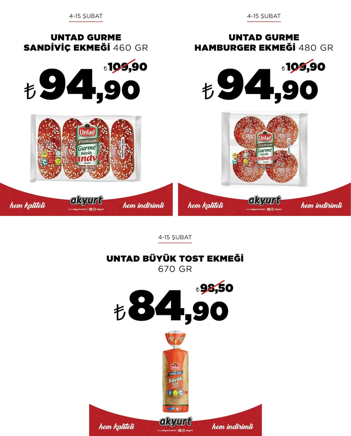 Akyurt Akyurt Süpermarket 4 Şubat 2026 Aktüel Kataloğu sayfa 1: Untad Gurme Sandvi̇Ç Ekmeği̇ 460 Gr, Untad Büyük Tost Ekmeği̇ 670 Gr