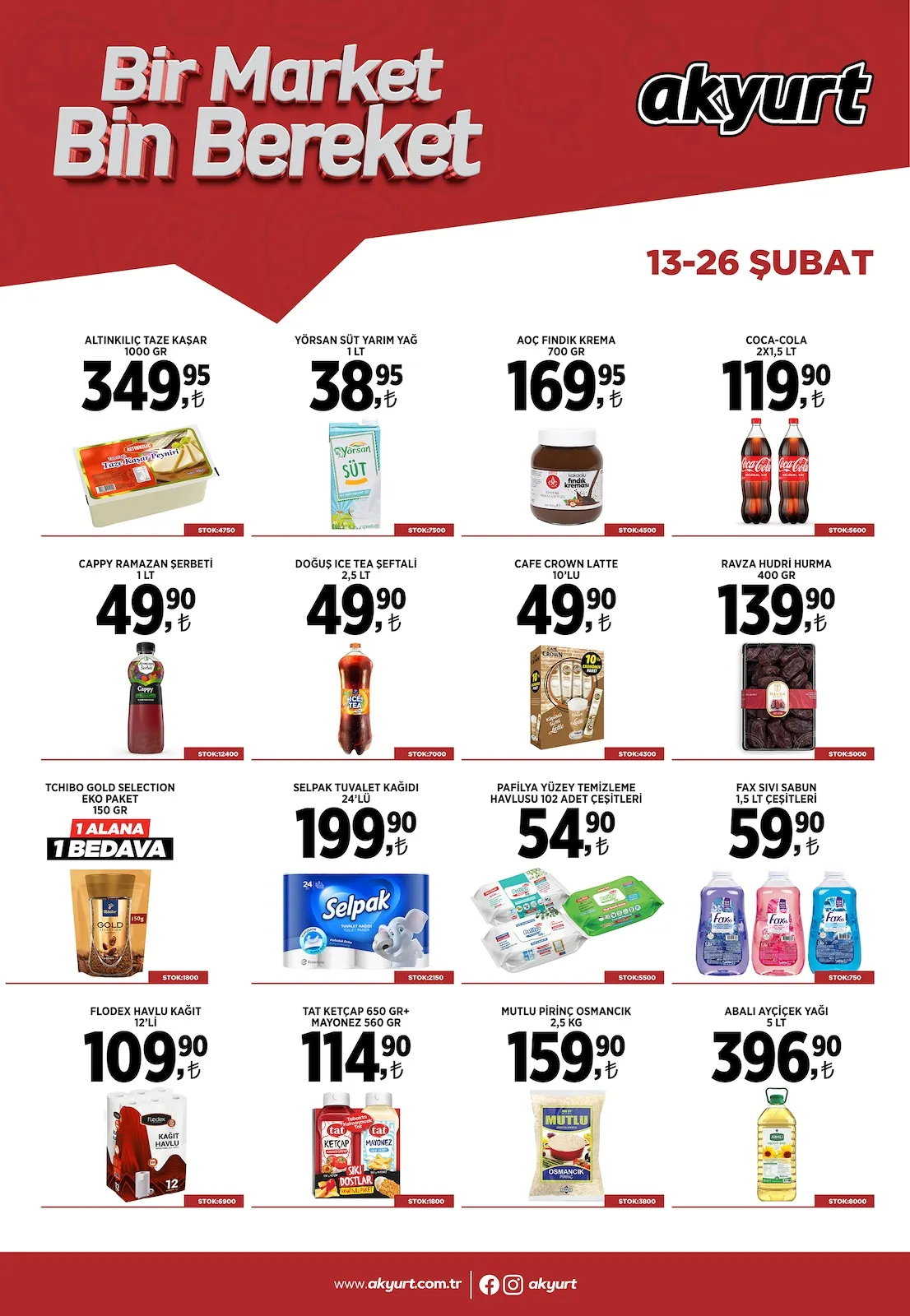 Akyurt Akyurt Süpermarket 13 Şubat 2026 Aktüel Kataloğu sayfa 1: Selpak Tuvalet Kağıdı 24'Lü, Pafilya Yüzey Temizleme Havlusu 102 Adet Çeşitleri
