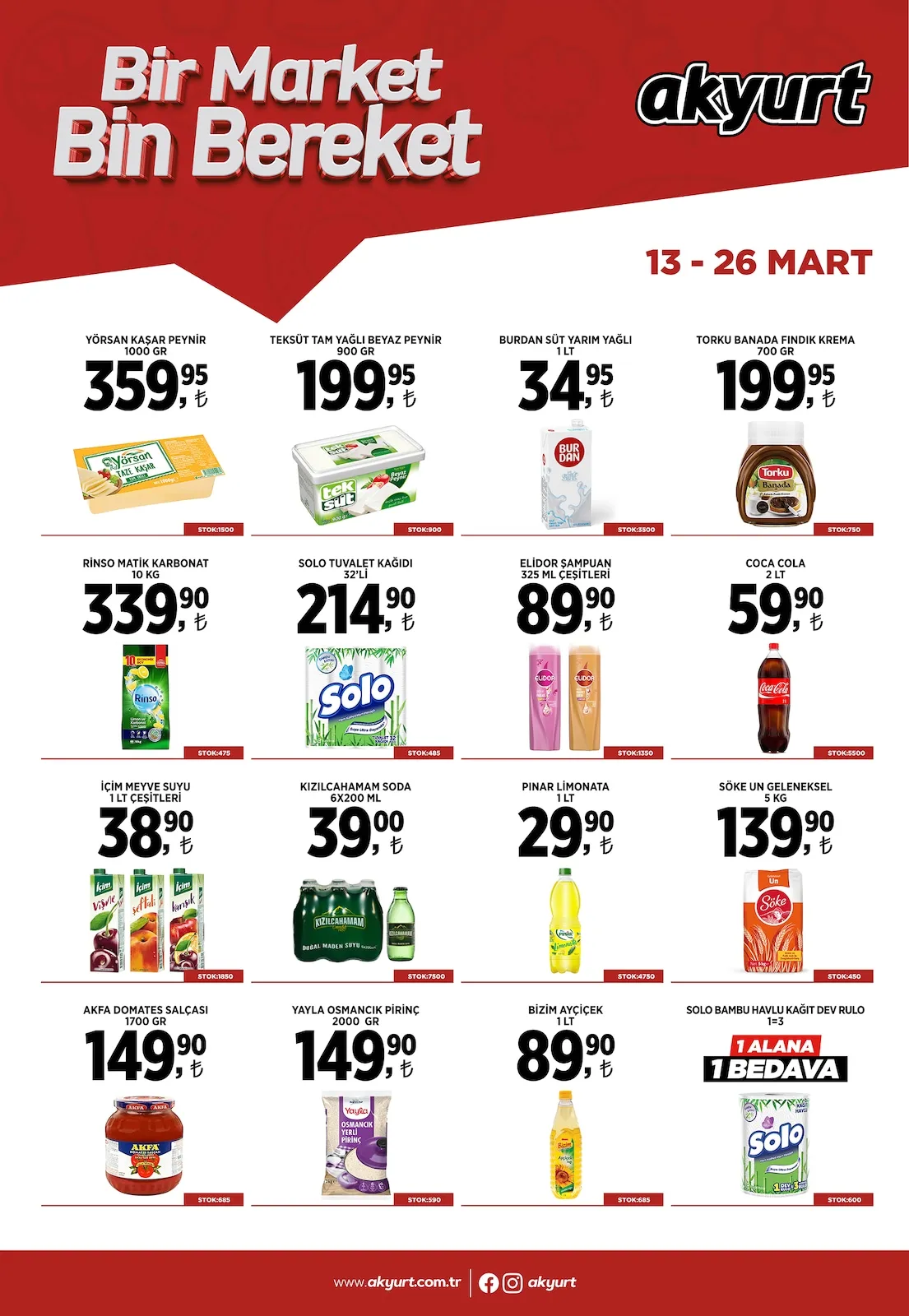 Akyurt Akyurt Süpermarket 13 Mart 2026 Aktüel Kataloğu sayfa 1: Içim Meyve Suyu 1 Lt Çeşitleri, Teksüt Tam Yağlı Beyaz Peynir 900 Gr