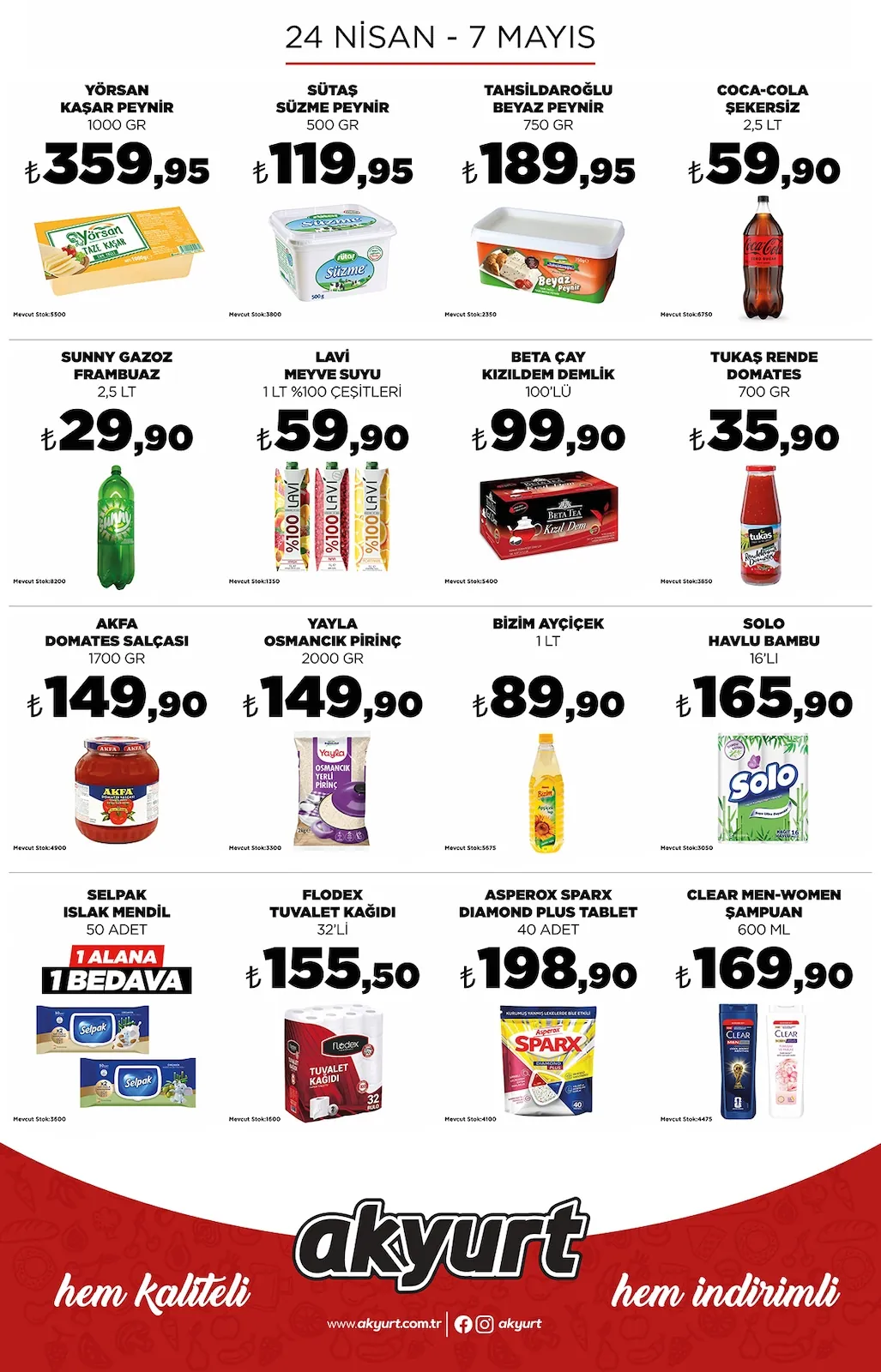 Akyurt Akyurt Süpermarket 24 Nisan 2026 Aktüel Kataloğu sayfa 1: Akfa Domates Salçası 1700 Gr, Sunny Gazoz Frambuaz 2,5 Lt
