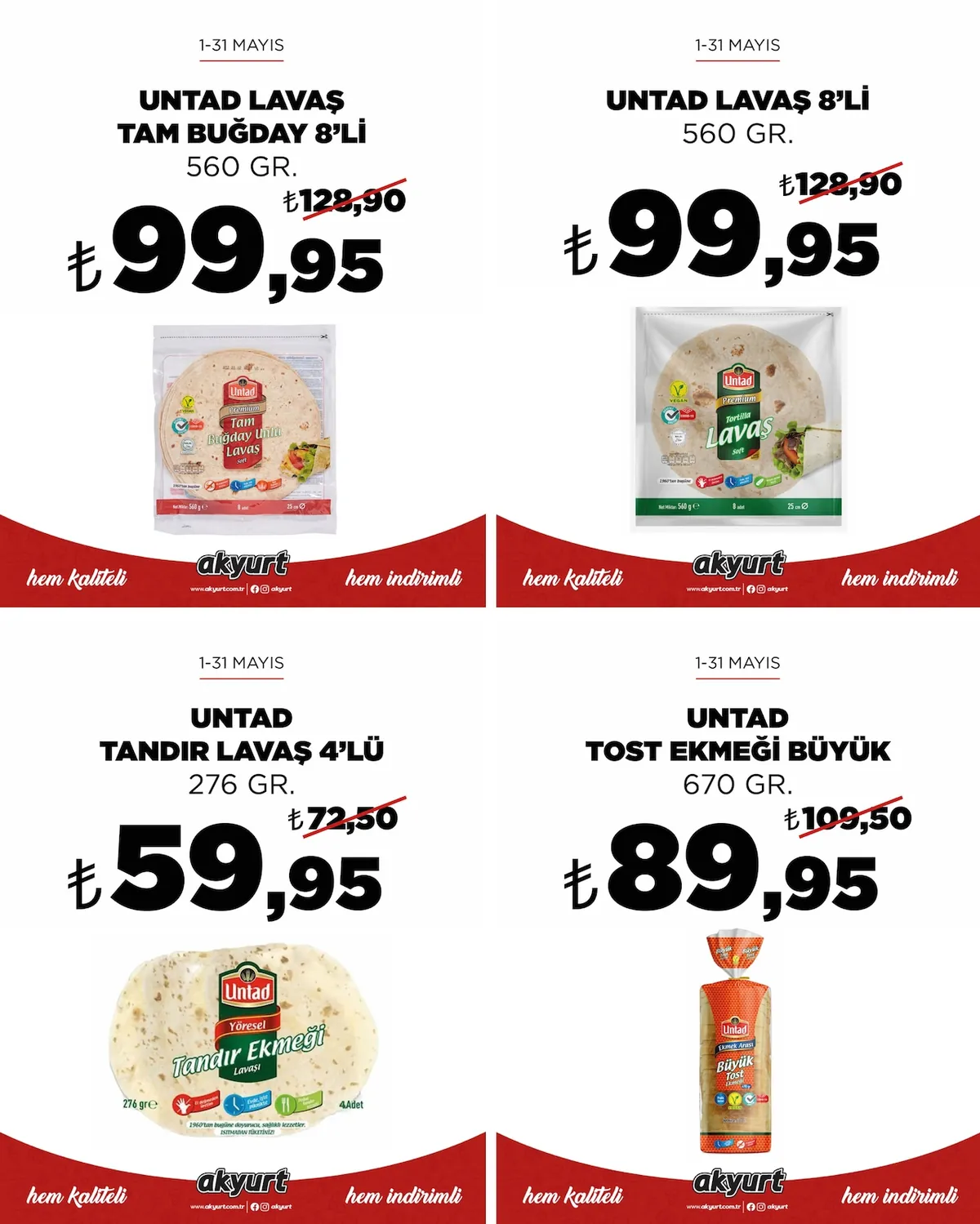 Akyurt Akyurt Süpermarket 1 Mayıs 2026 Aktüel Kataloğu sayfa 1: Untad Lavaş Tam Buğday 8'Li 560 Gr., Untad Lavaş 4'Lü 276 Gr.