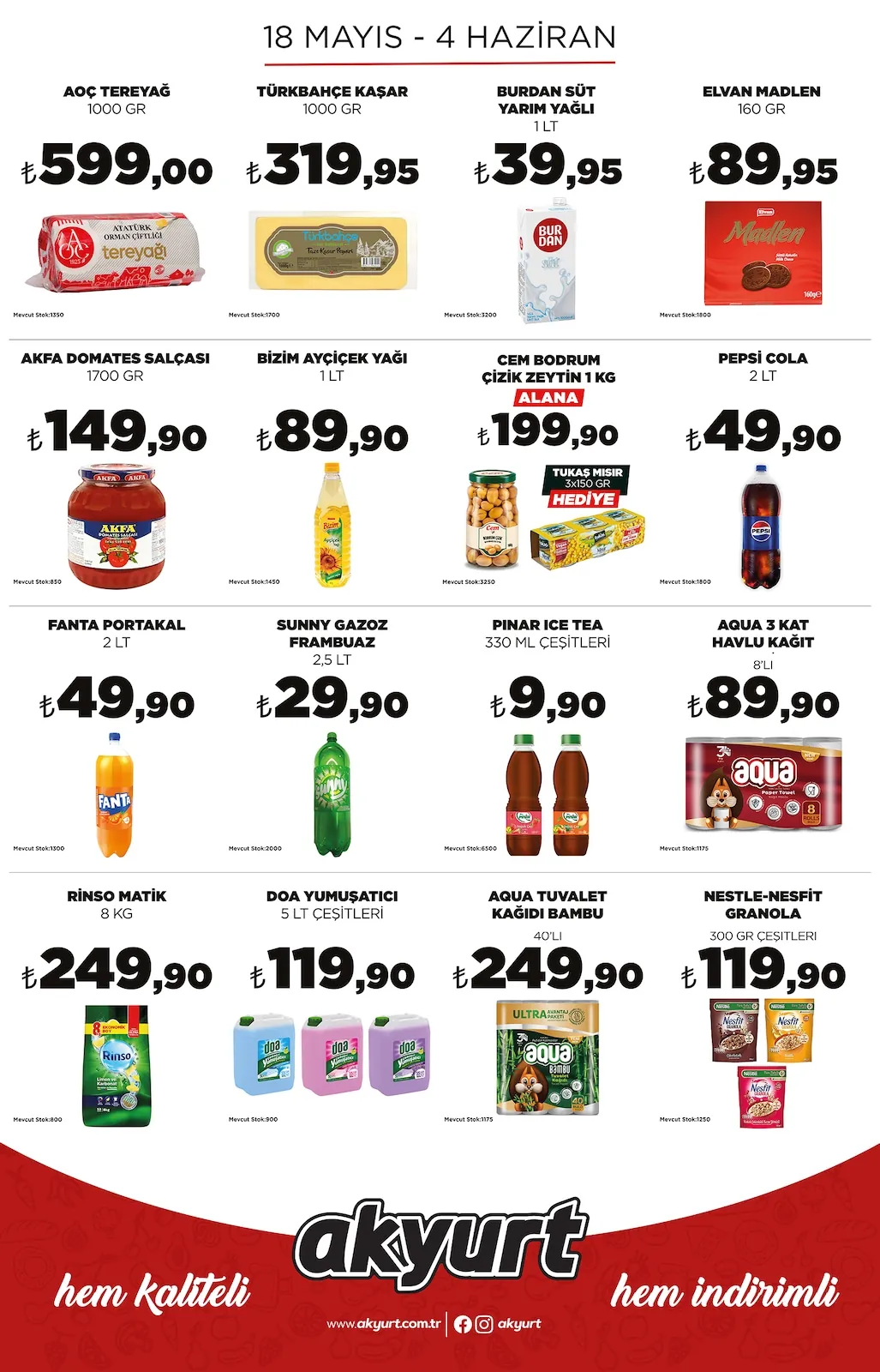 Akyurt Akyurt Süpermarket 18 Mayıs 2026 Aktüel Kataloğu sayfa 1: Aqua 3 Kat Havlu Kağıt 8'Li, Aqua Tuvalet Kağıdı Bambu 40'Lı