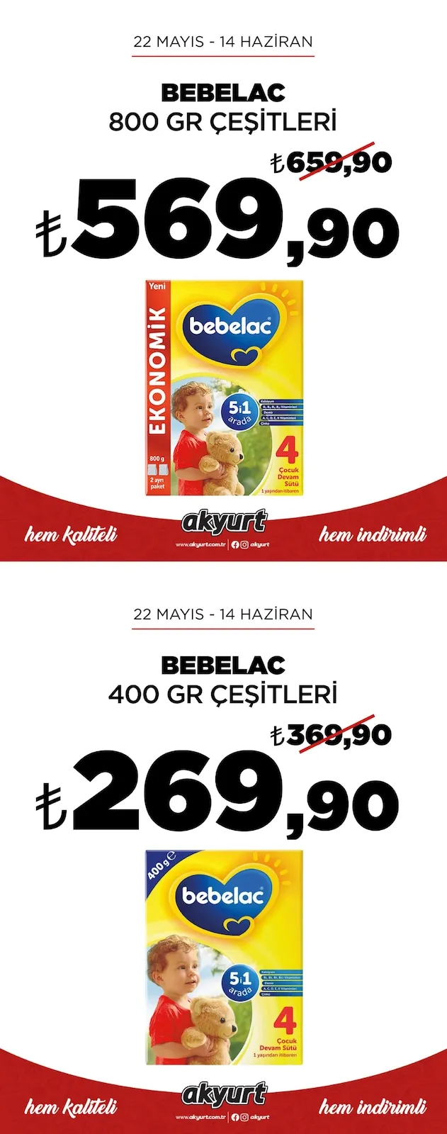 Akyurt Akyurt Süpermarket 22 Mayıs 2026 Aktüel Kataloğu sayfa 1: Bebelac 800 Gr Çeşitleri, Bebelac 400 Gr Çeşitleri