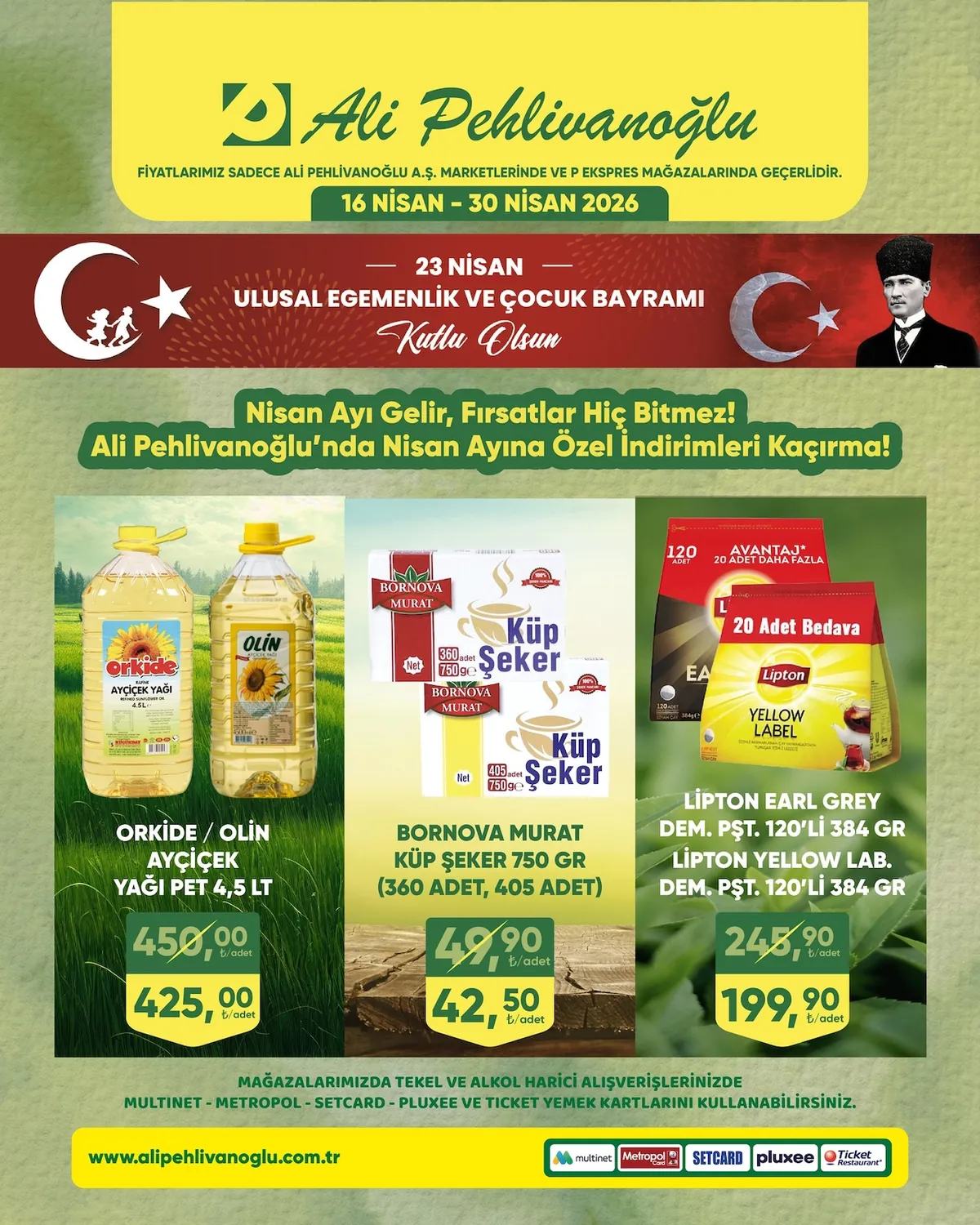 Ali Ali Pehlivanoğlu 16 Nisan 2026 Aktüel Kataloğu sayfa 1: Bornova Murat Küp Şeker 750 Gr (360 Adet, 405 Adet), Orkide / Olin Ayçiçek Yağı Pet 4,5 Lt