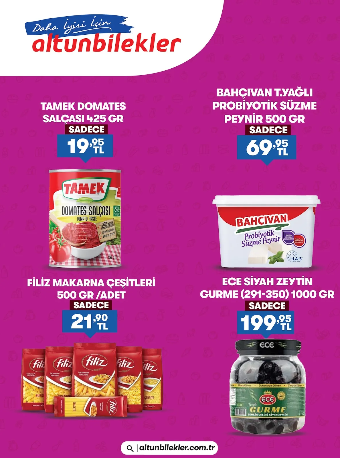 Altunbilekler Altunbilekler 10 Haziran 2026 Aktüel Kataloğu sayfa 1: Ece Siyah Zeytin Gurme (291-350) 1000 Gr, Tamek Domates Salçasi 425 Gr