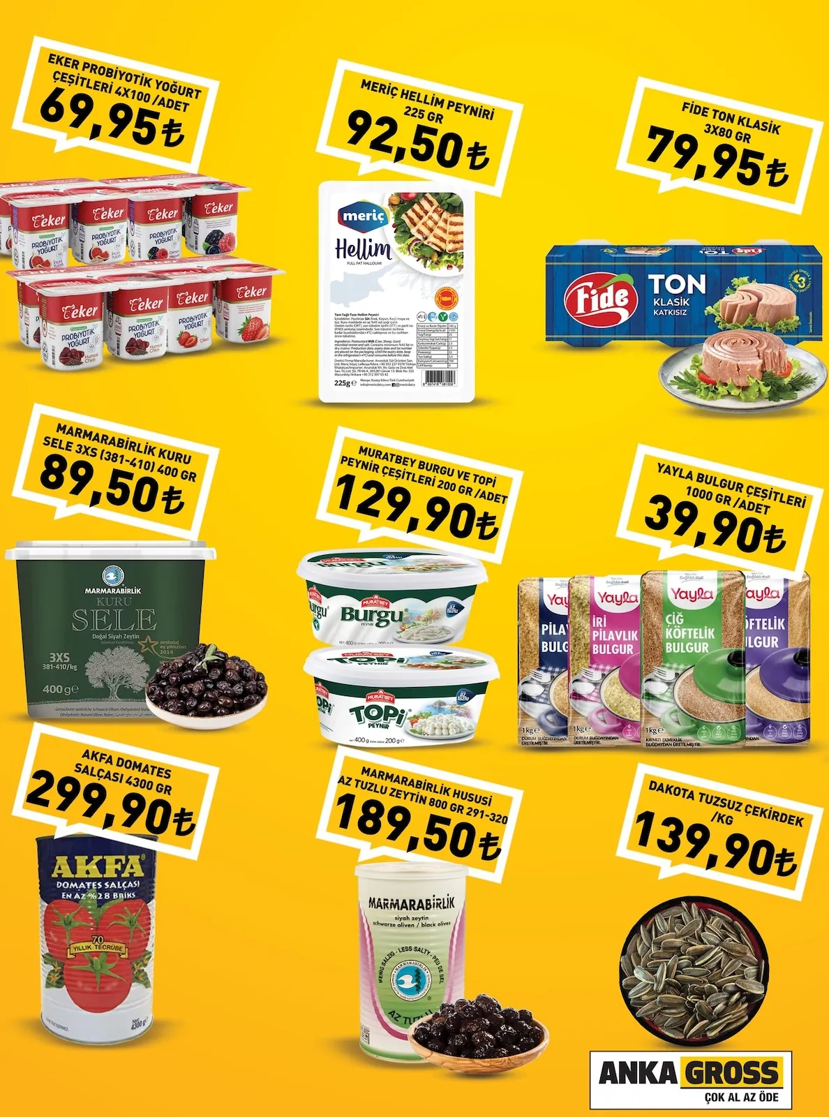 Anka Anka Gross 29 Nisan 2026 Aktüel Kataloğu sayfa 1: Eker Probiyotik Yoğurt Çeşitleri 4 X 100 Adet, Meric Hellim Peyniri 225 Gr