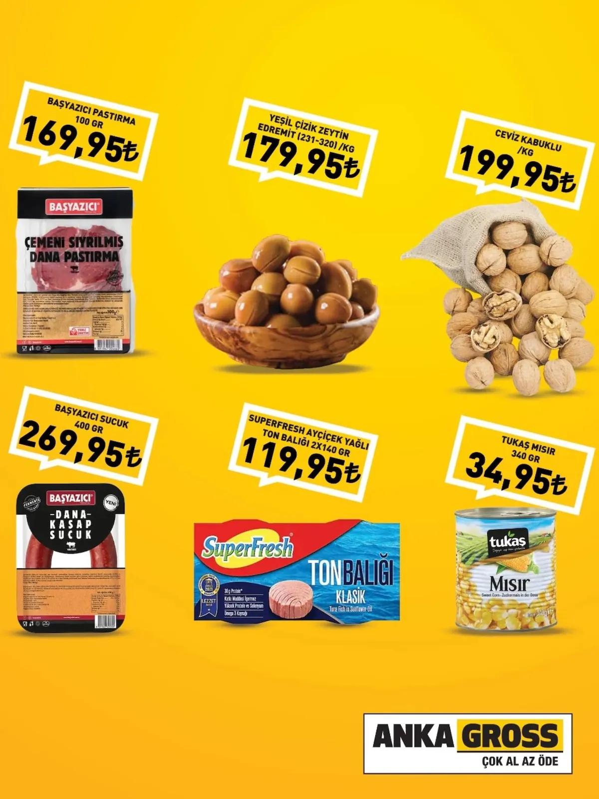 Anka Anka Gross 18 Mayıs 2026 Aktüel Kataloğu sayfa 2: Başıazıcı Çemeni Sıyrılmış Dana Pastırma 100 Gr, Superfresh Ayçiçek Yağlı Ton Balığı 2X140 Gr