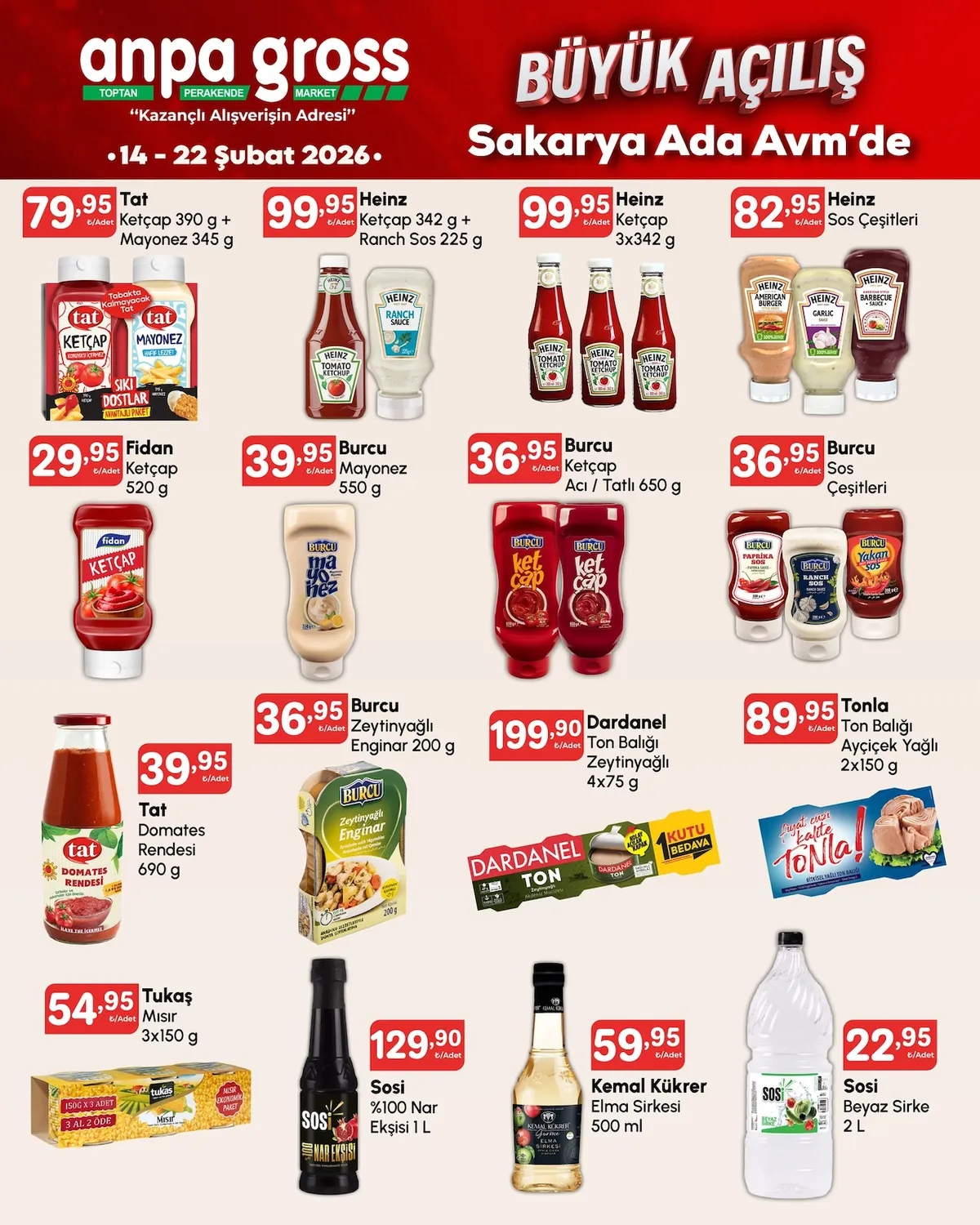 Anpa Anpa Gross 14 Şubat 2026 Aktüel Kataloğu sayfa 12: Tat Ketçap 390 G + Mayonez 345 G, Heinz Sos Çeşitleri