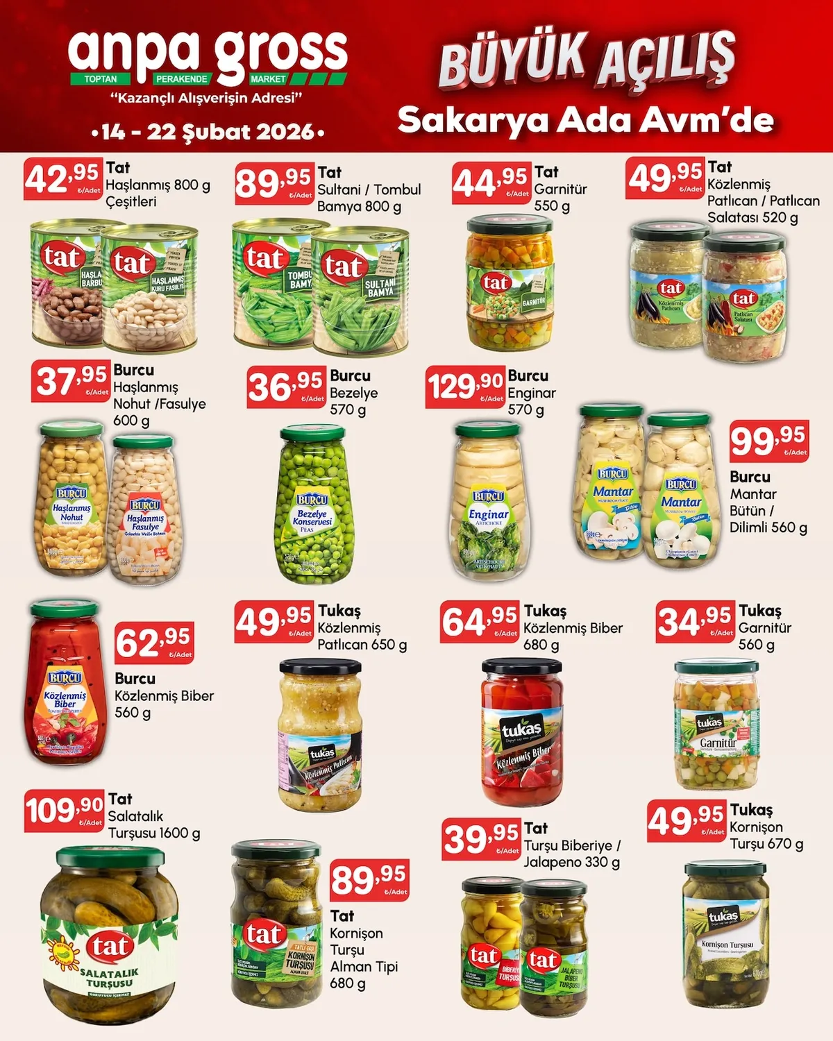 Anpa Anpa Gross 14 Şubat 2026 Aktüel Kataloğu sayfa 13: Tat Közlenmiş Patlıcan / Patlıcan Salatası 520 G, Tat Turşu Biberiye / Jalapeno 330 G