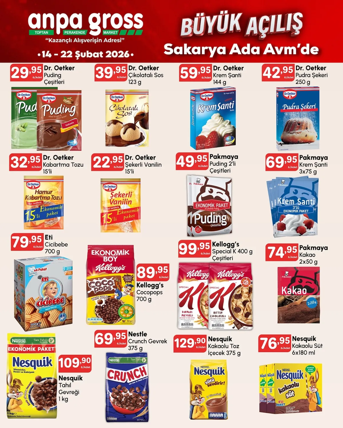 Anpa Anpa Gross 14 Şubat 2026 Aktüel Kataloğu sayfa 15: Pakmaya Kakao 2X50 G, Nestle Crunch Gevrek 375 G