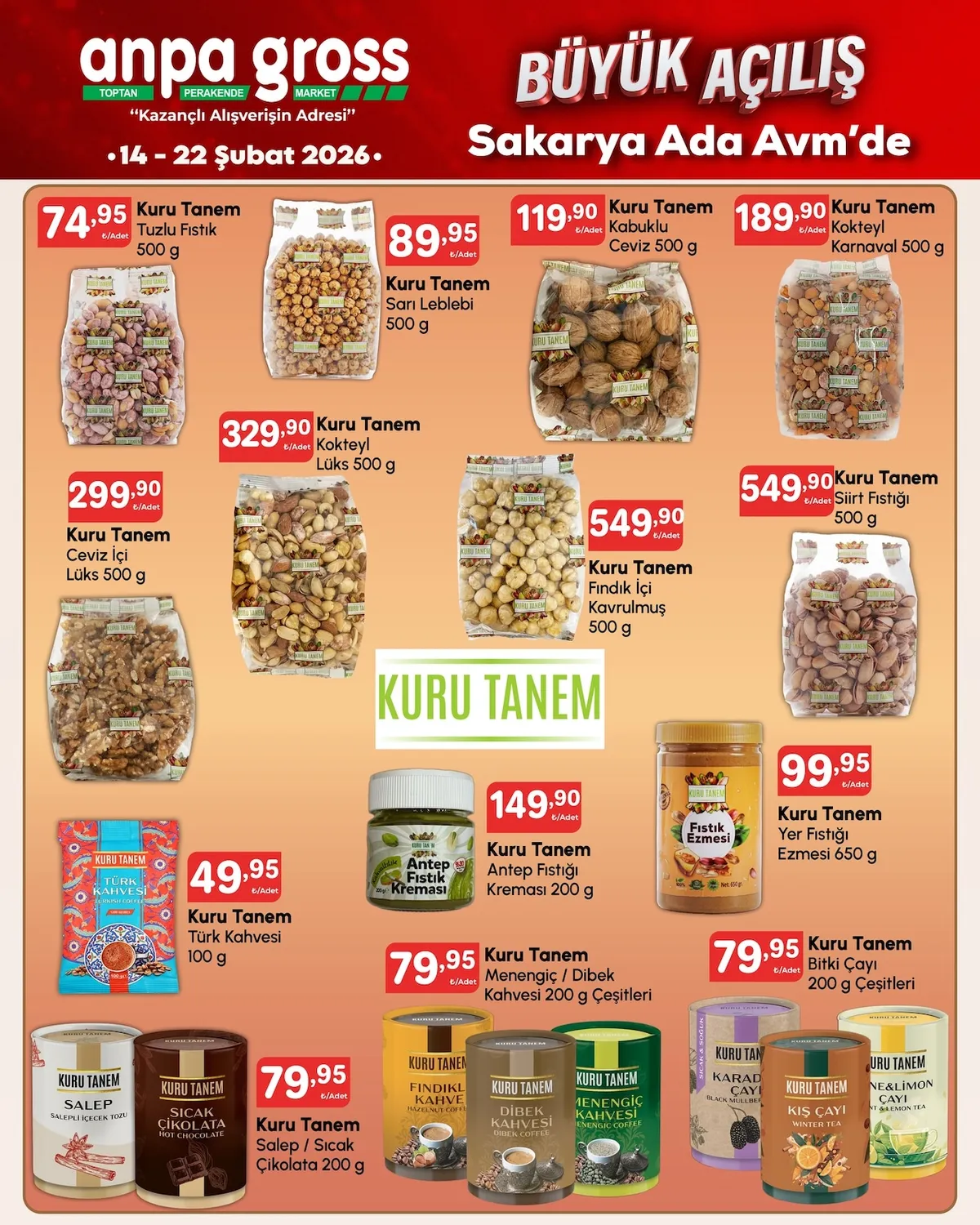 Anpa Anpa Gross 14 Şubat 2026 Aktüel Kataloğu sayfa 16: Kuru Tanem Siirt Fıstığı 500 G, Kuru Tanem Yer Fıstığı Ezmesi 650 G