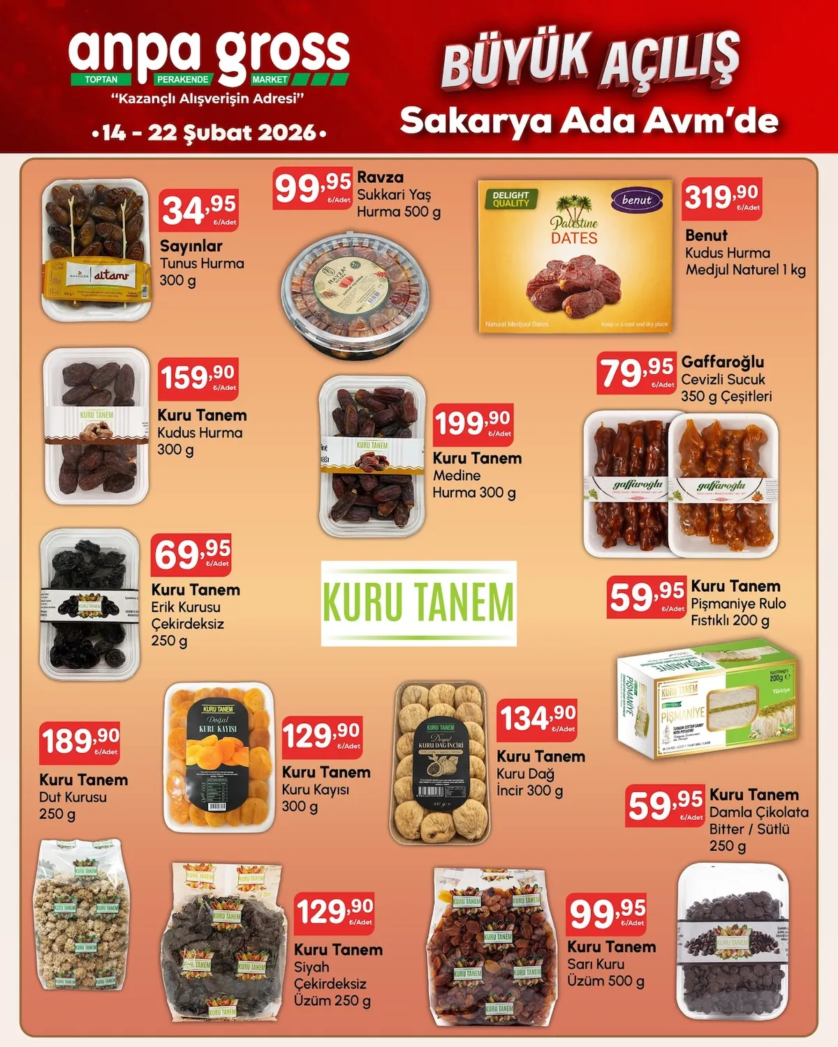 Anpa Anpa Gross 14 Şubat 2026 Aktüel Kataloğu sayfa 17: Benut Kudus Hurma Medjul Naturel 1 Kg, Kuru Tanem Erik Kurusu Çekirdeksiz 250 G