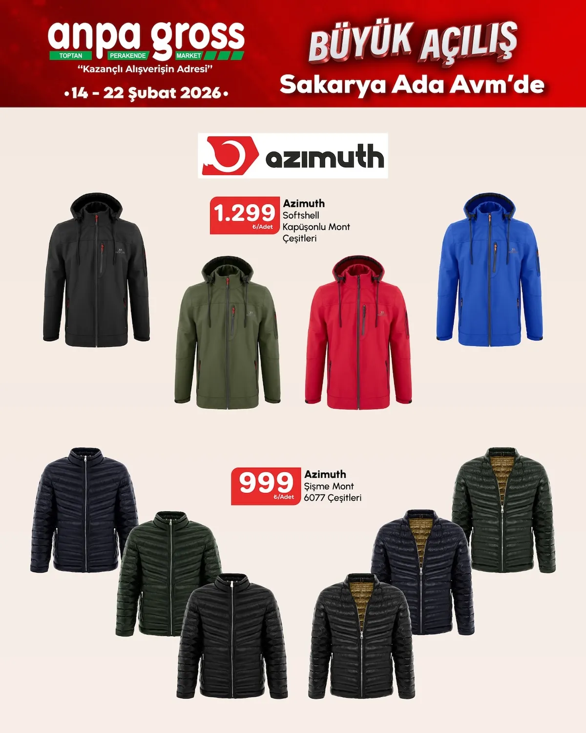 Anpa Anpa Gross 14 Şubat 2026 Aktüel Kataloğu sayfa 30: Azimuth Softshell Kapüşonlu Mont Çeşitleri, Azimuth Şişme Mont 6077 Çeşitleri