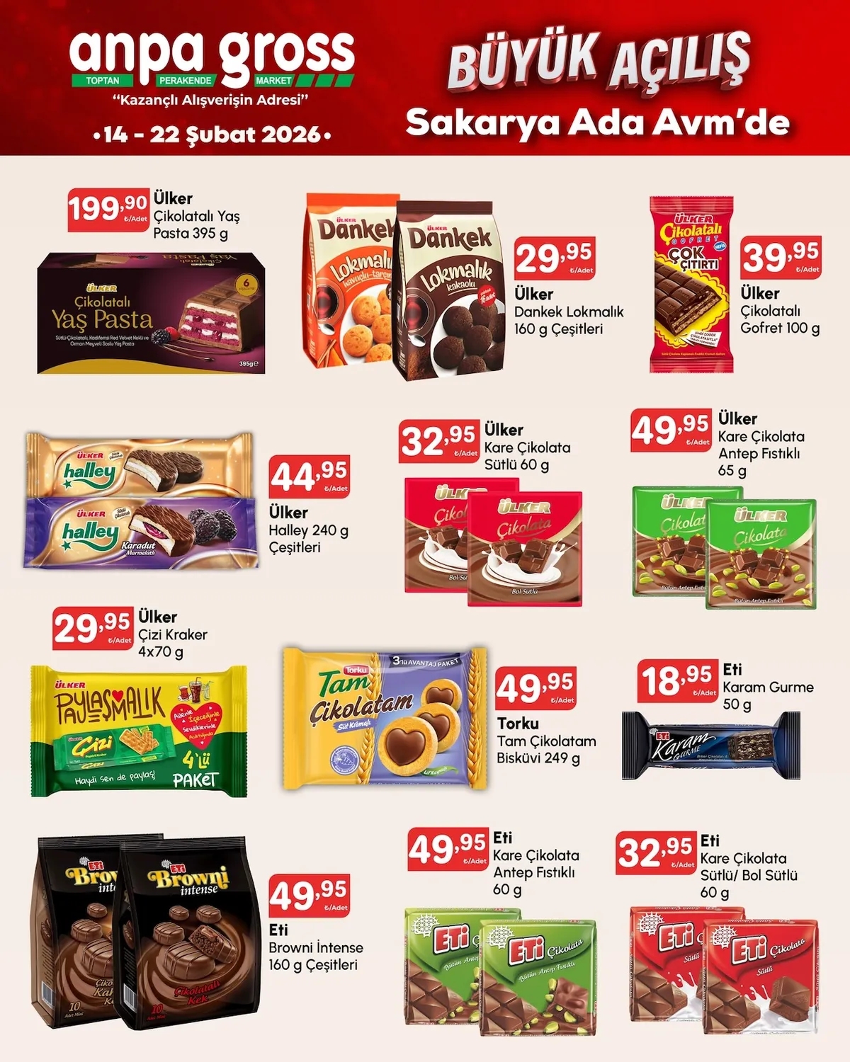 Anpa Anpa Gross 14 Şubat 2026 Aktüel Kataloğu sayfa 7: Eti Kare Çikolata Sütlü/ Bol Sütlü 60 G, Ülker Kare Çikolata Antep Fıstıklı 65 G