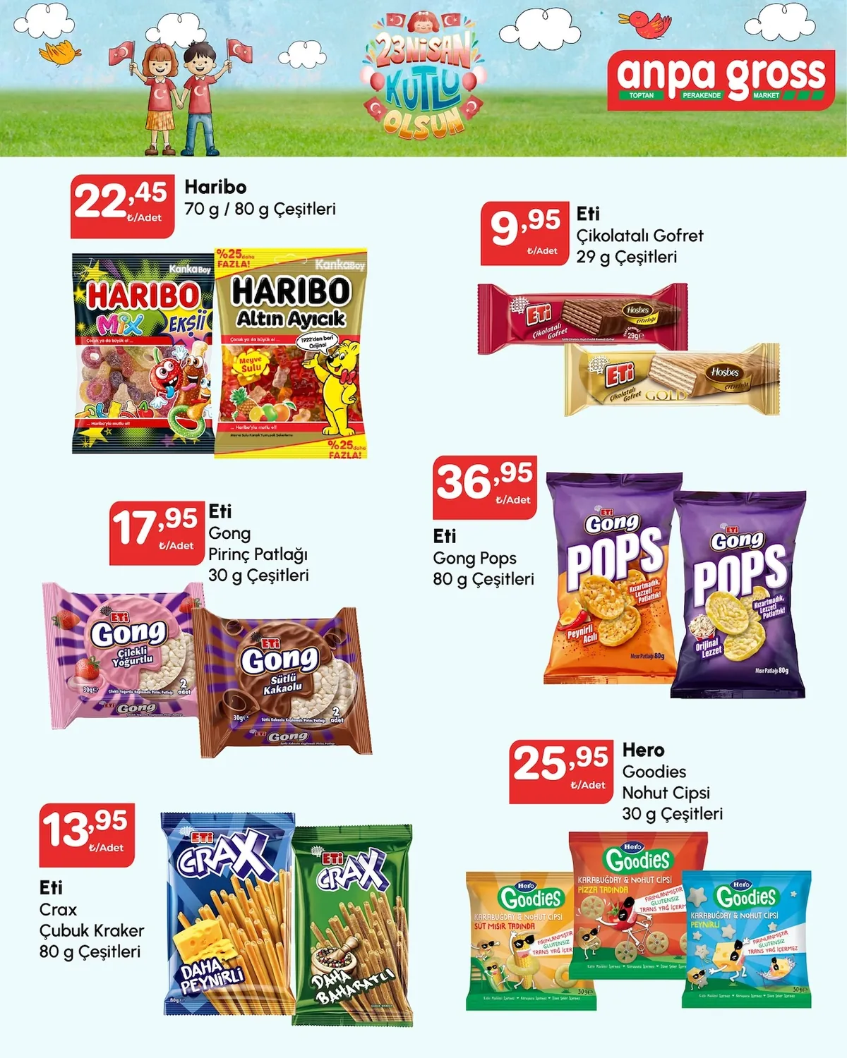 Anpa Anpa Gross 22 Nisan 2026 Aktüel Kataloğu sayfa 6: Eti Crax Çubuk Kraker 80G Çeşitleri, Hero Goodies Nohut Cipsi 30G Çeşitleri