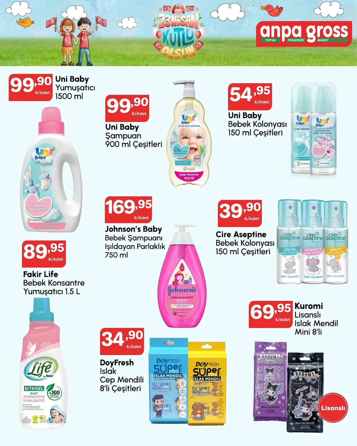 Anpa Anpa Gross 22 Nisan 2026 Aktüel Kataloğu sayfa 8: Cire Aseptine Bebek Kolonyasi 150 Ml Cesitleri, Uni Baby Yumusatici 1500 Ml
