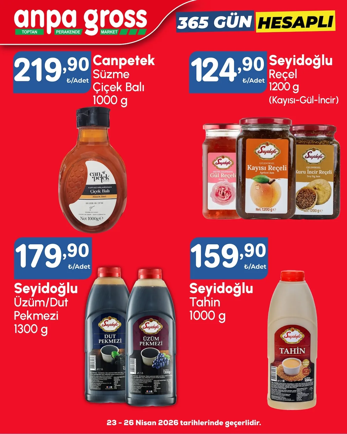 Anpa Anpa Gross 23 Nisan 2026 Aktüel Kataloğu sayfa 4: Seyidoğlu Reçel 1200 G (Kayısı-Gül-İncir)