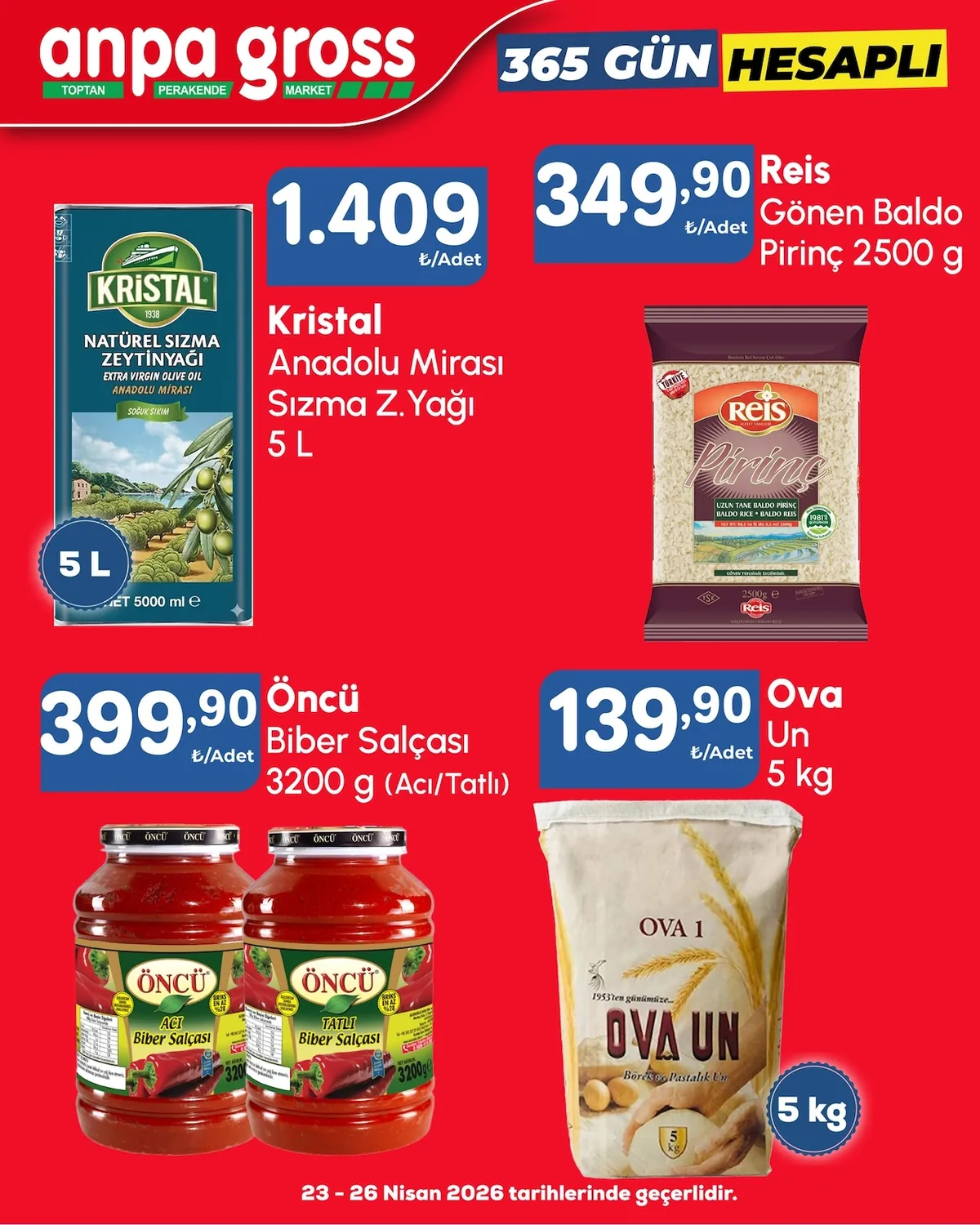 Anpa Anpa Gross 23 Nisan 2026 Aktüel Kataloğu sayfa 8: Öncü Biber Salçası 2X3200 G, Reis Uzun Tane Baldo Pirinç 2500 G