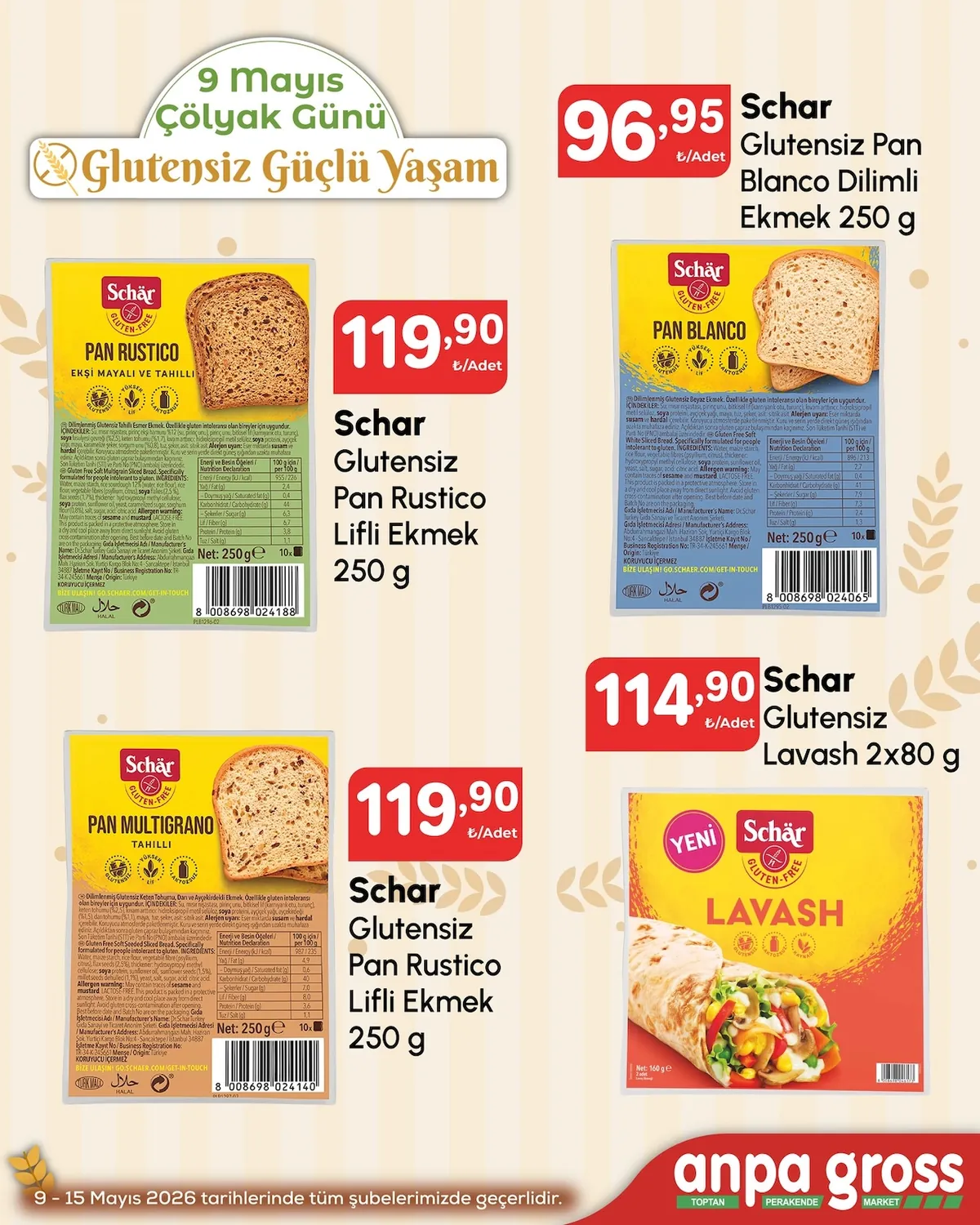 Anpa Anpa Gross 9 Mayıs 2026 Aktüel Kataloğu sayfa 4: Schar Glutensiz Pan Rustico Lifli Ekmek 250 G, Schar Glutensiz Pan Blanco Dilimli Ekmek 250 G
