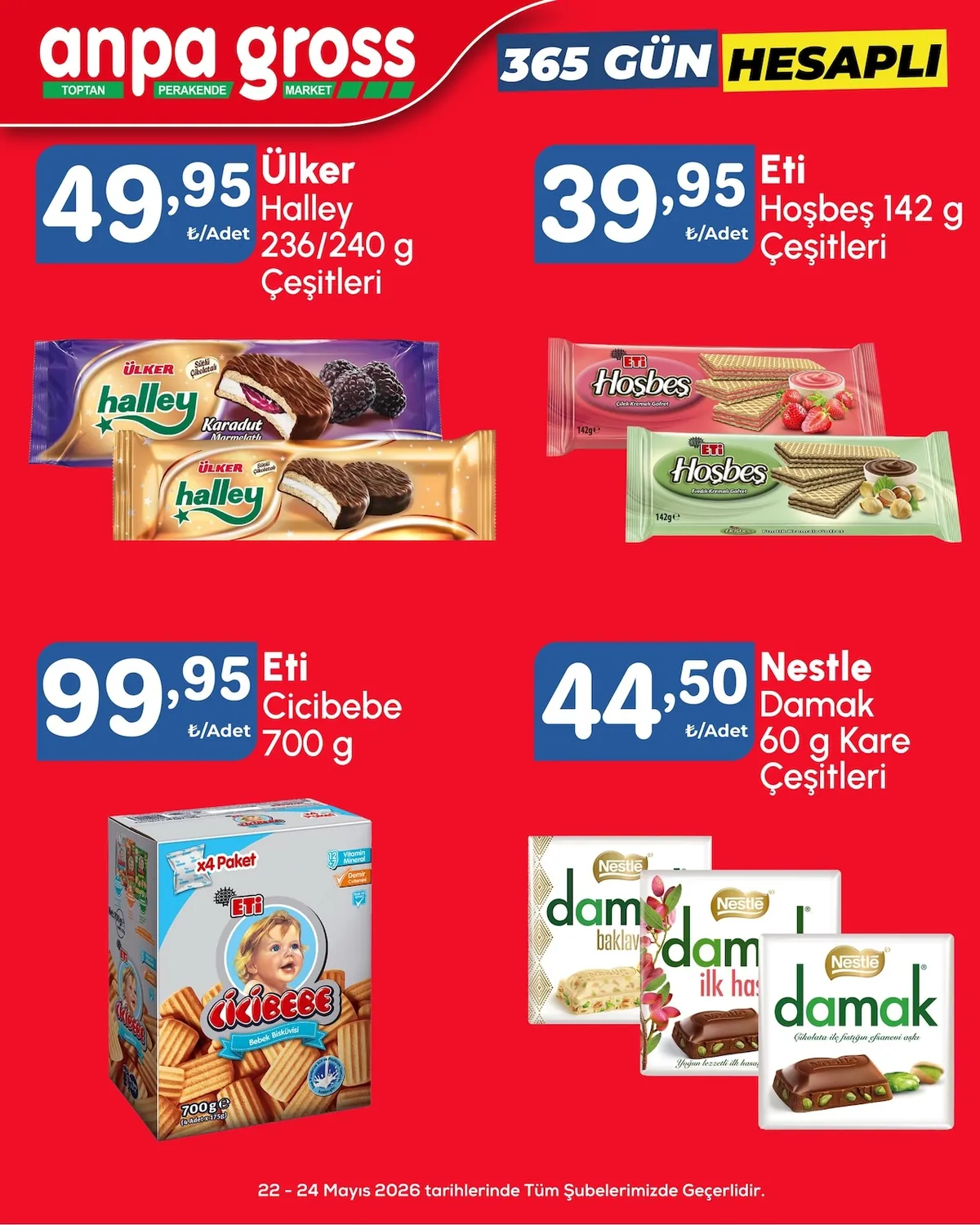 Anpa Anpa Gross 22 Mayıs 2026 Aktüel Kataloğu sayfa 12: Eti Cicicebe 700G, Eti Hosbes 142G Cesitleri