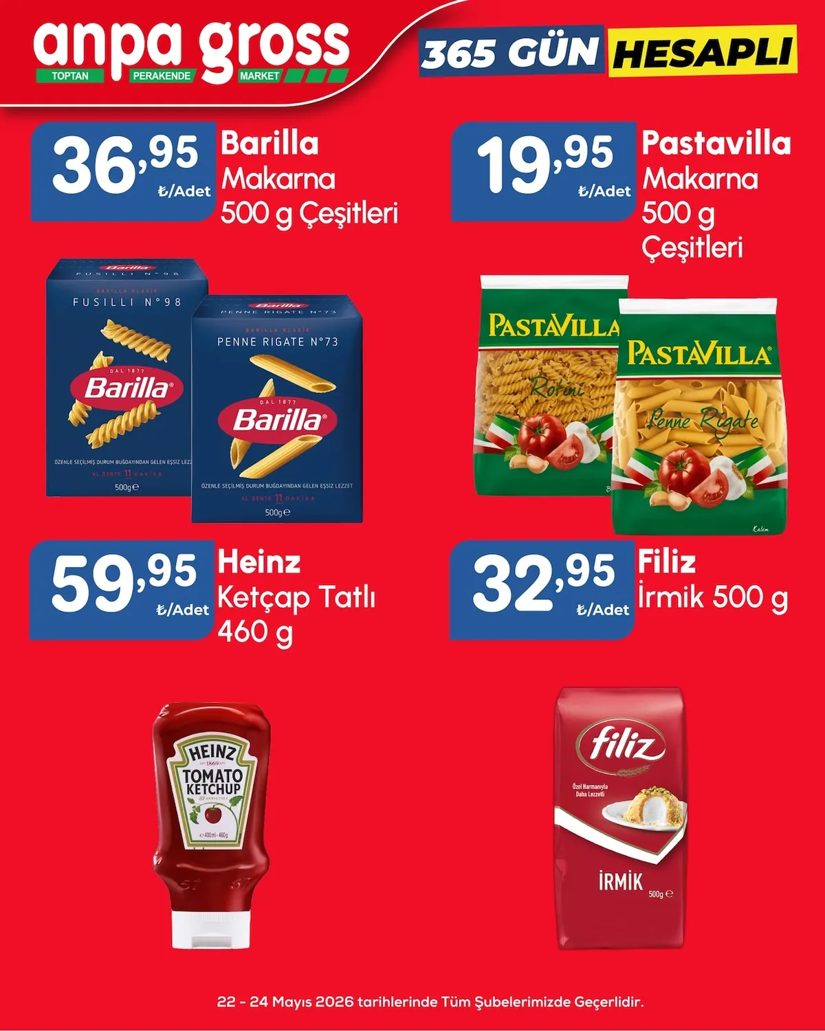 Anpa Anpa Gross 22 Mayıs 2026 Aktüel Kataloğu sayfa 3: Barilla Makarna 500G Çeşitleri, Filiz İrmik 500G