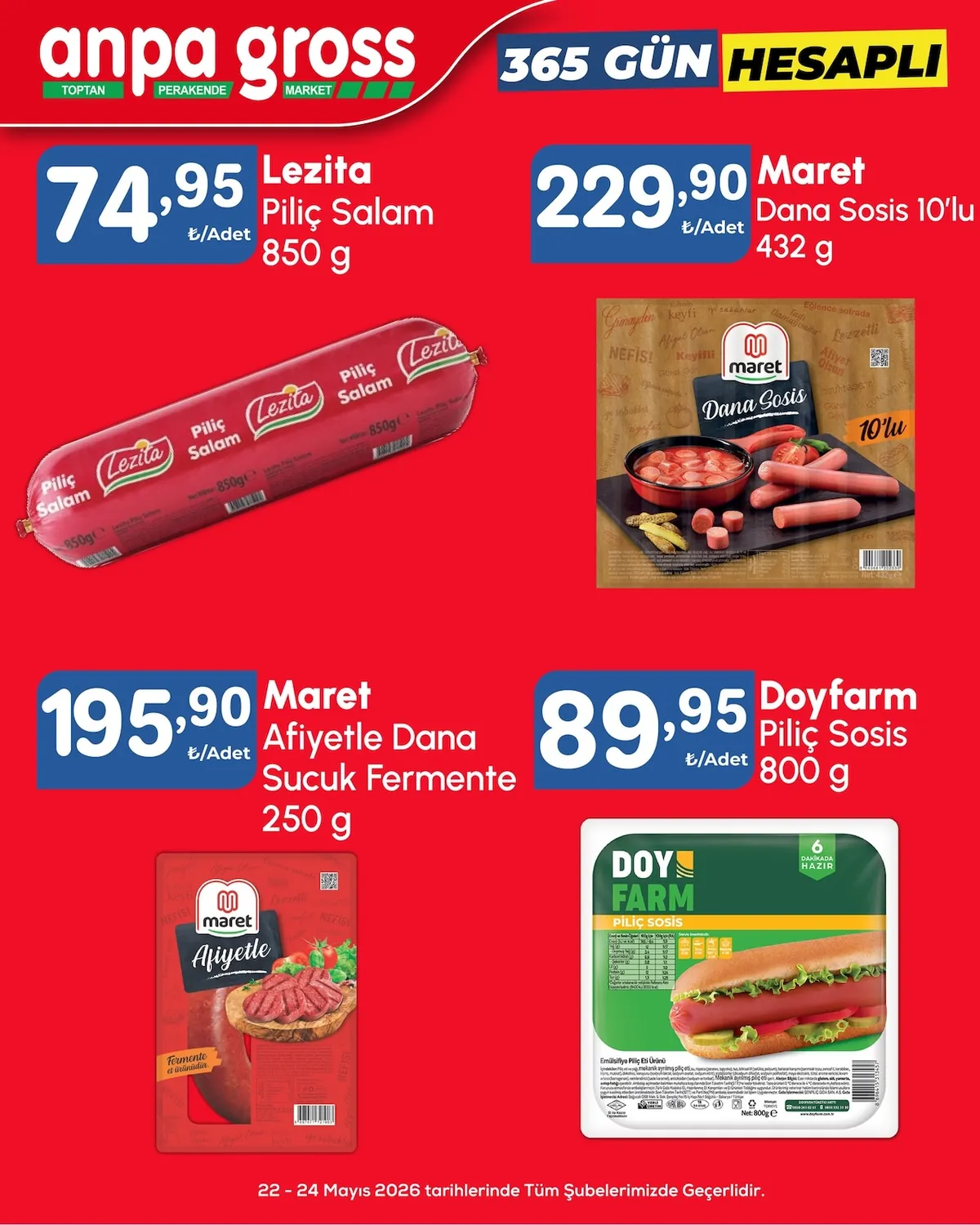 Anpa Anpa Gross 22 Mayıs 2026 Aktüel Kataloğu sayfa 5: Lezita Piliç Salam 850 G, Doyfarm Piliç Sosis 800 G