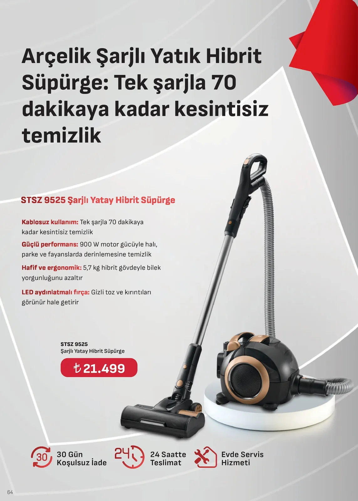 Arçelik Arçelik 1 Şubat 2026 Aktüel Kataloğu sayfa 64: Arçelik Şarjlı Yatık Hibrit Süpürge Stsz 9525