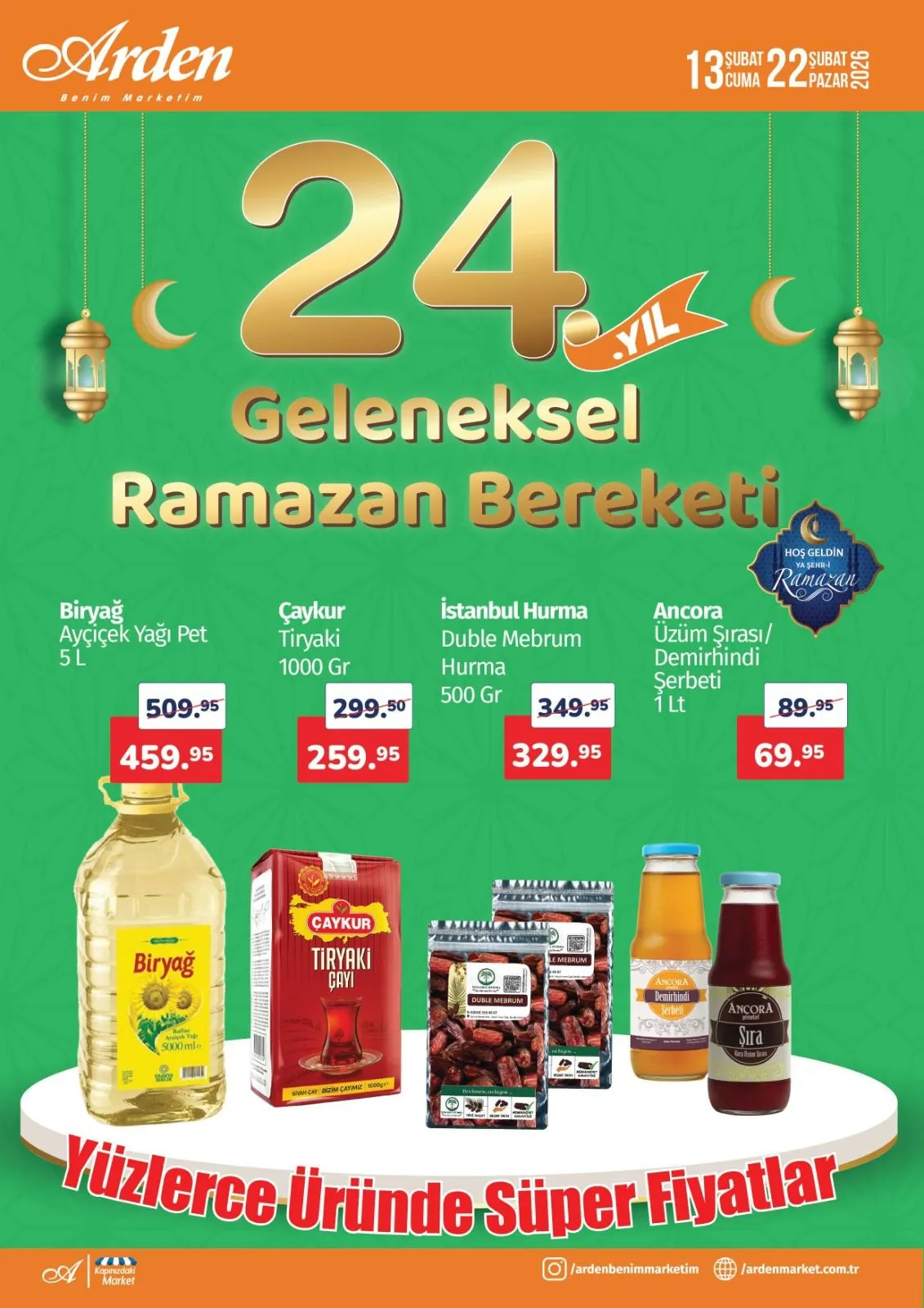 Arden Arden Market 13 Şubat 2026 Aktüel Kataloğu sayfa 1: Çaykur Tiryaki 1000 Gr, Biryağ Ayçiçek Yağı Pet 5 L