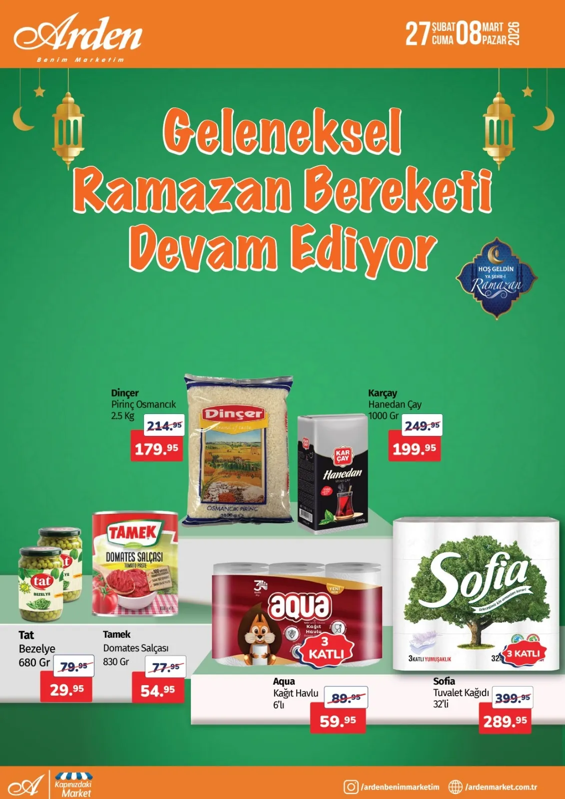 Arden Arden Market 27 Şubat 2026 Aktüel Kataloğu sayfa 1: Sofia Tuvalet Kağıdı 32'Li, Dinçer Pirinç Osmancık 2.5 Kg