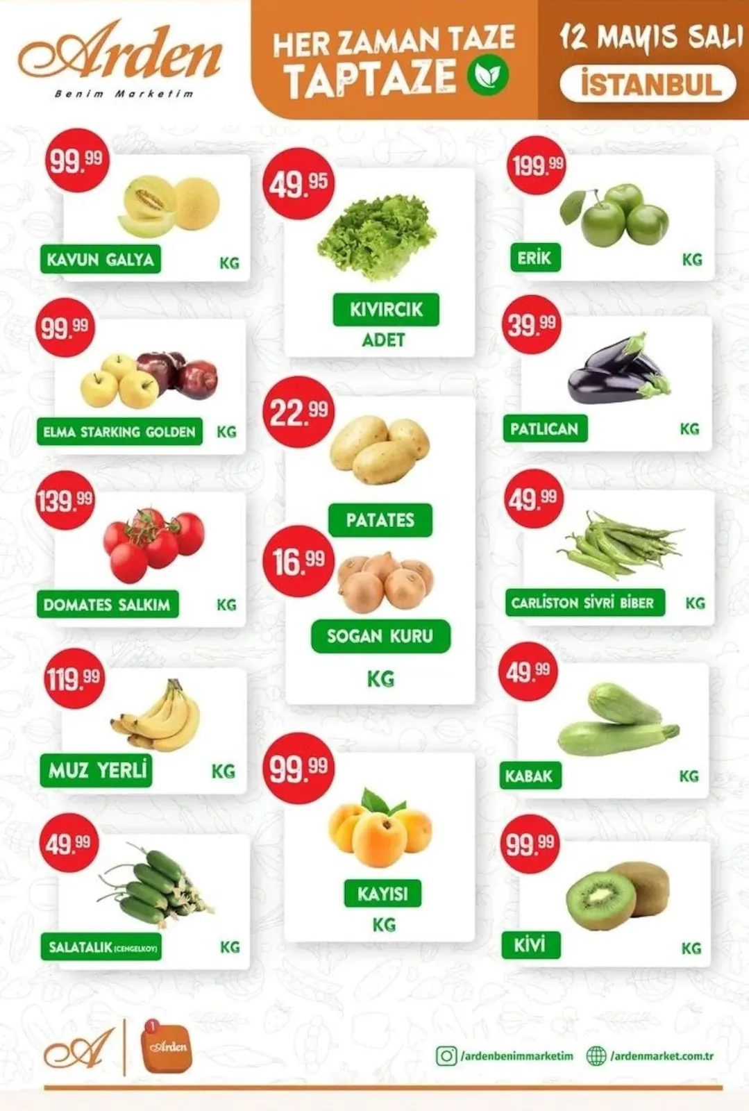 Arden Arden Market 12 Mayıs 2026 Aktüel Kataloğu sayfa 1: Carlıston Sivri Biber Kg, Elma Starking Golden Kg