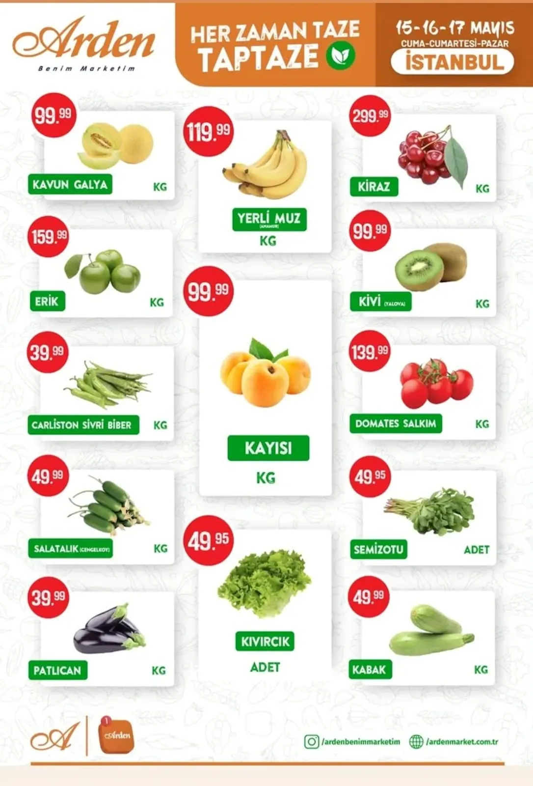 Arden Arden Market 15 Mayıs 2026 Aktüel Kataloğu sayfa 1: Kavun Galya Kg, Patlican Kg