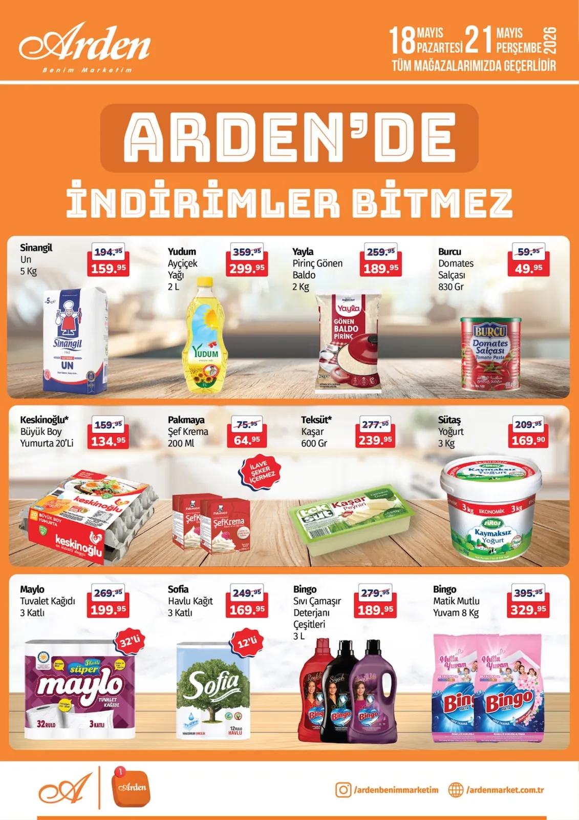Arden Arden Market 18 Mayıs 2026 Aktüel Kataloğu sayfa 1: Bingo Sıvı Çamaşır Deterjanı Çeşitleri 3 L, Maylo Tuvalet Kağıdı 3 Katlı