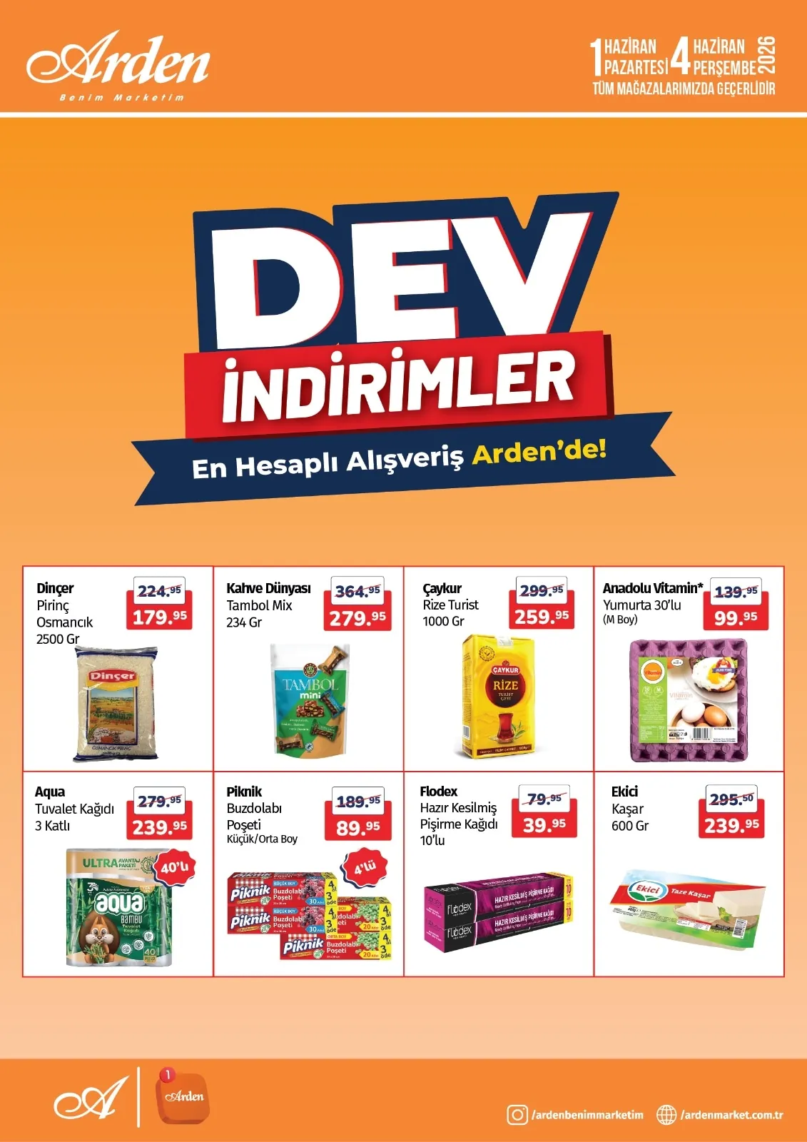 Arden Arden Market 1 Haziran 2026 Aktüel Kataloğu sayfa 1: Çaykur Rize Turist 1000 Gr, Dinçer Pirinç Osmancık 2500 Gr